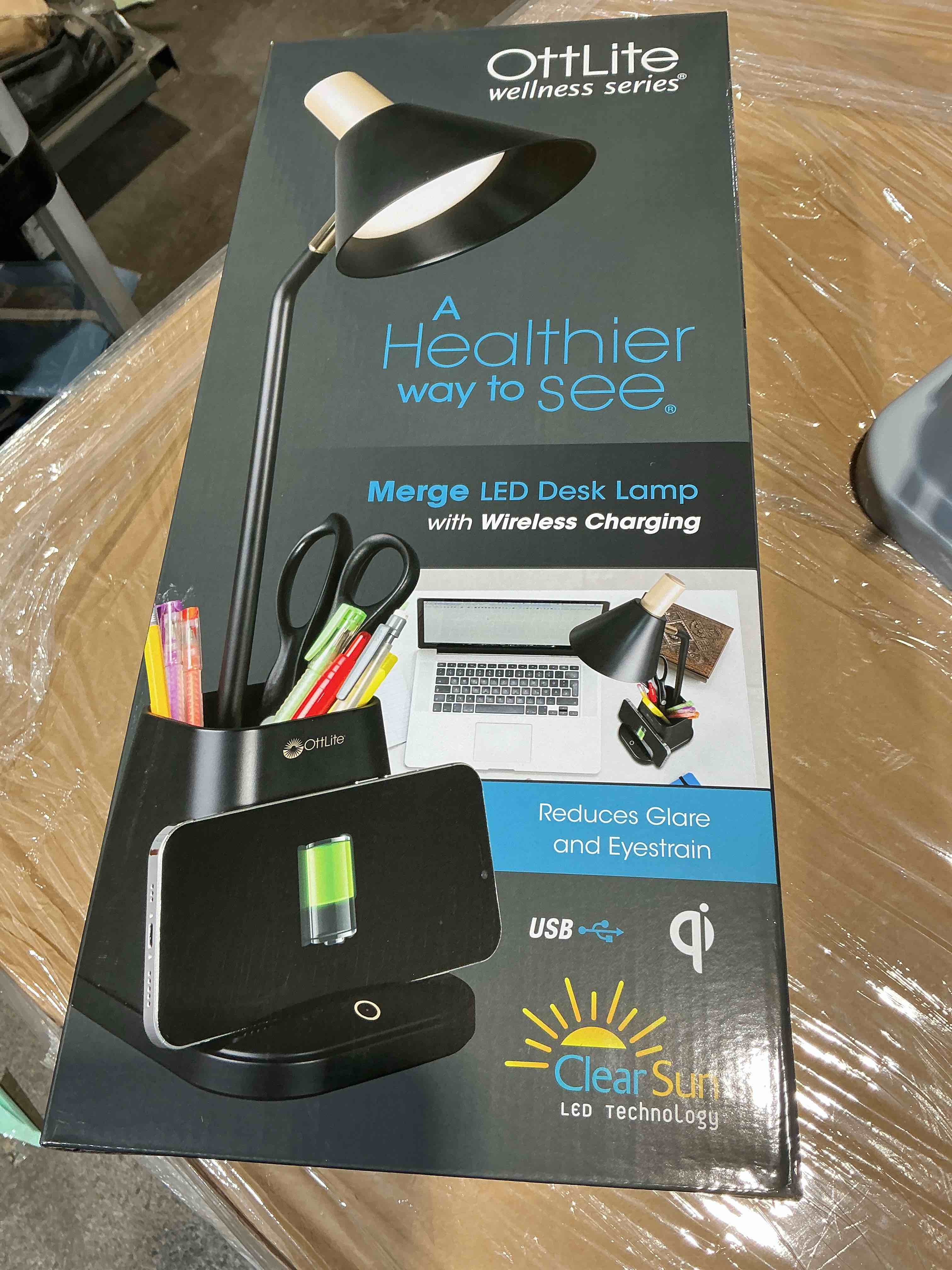 Condition photo showing New/Like New for ottlite merge led desk lamp with wireless charging - clearsun led technology, 3 brightness settings & color temperature modes with touch activated controls - includes storage area for desk supplies
