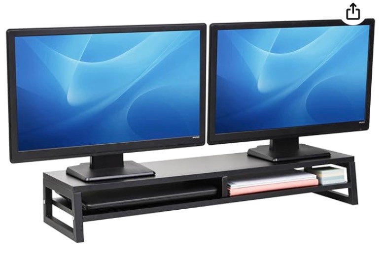 Mind Reader 2-Tier MDF Double Monitor Stand, Dual Screen Riser with Storage Shelf, 33.75 Inch Wide, 88 lb Capacity, Black
