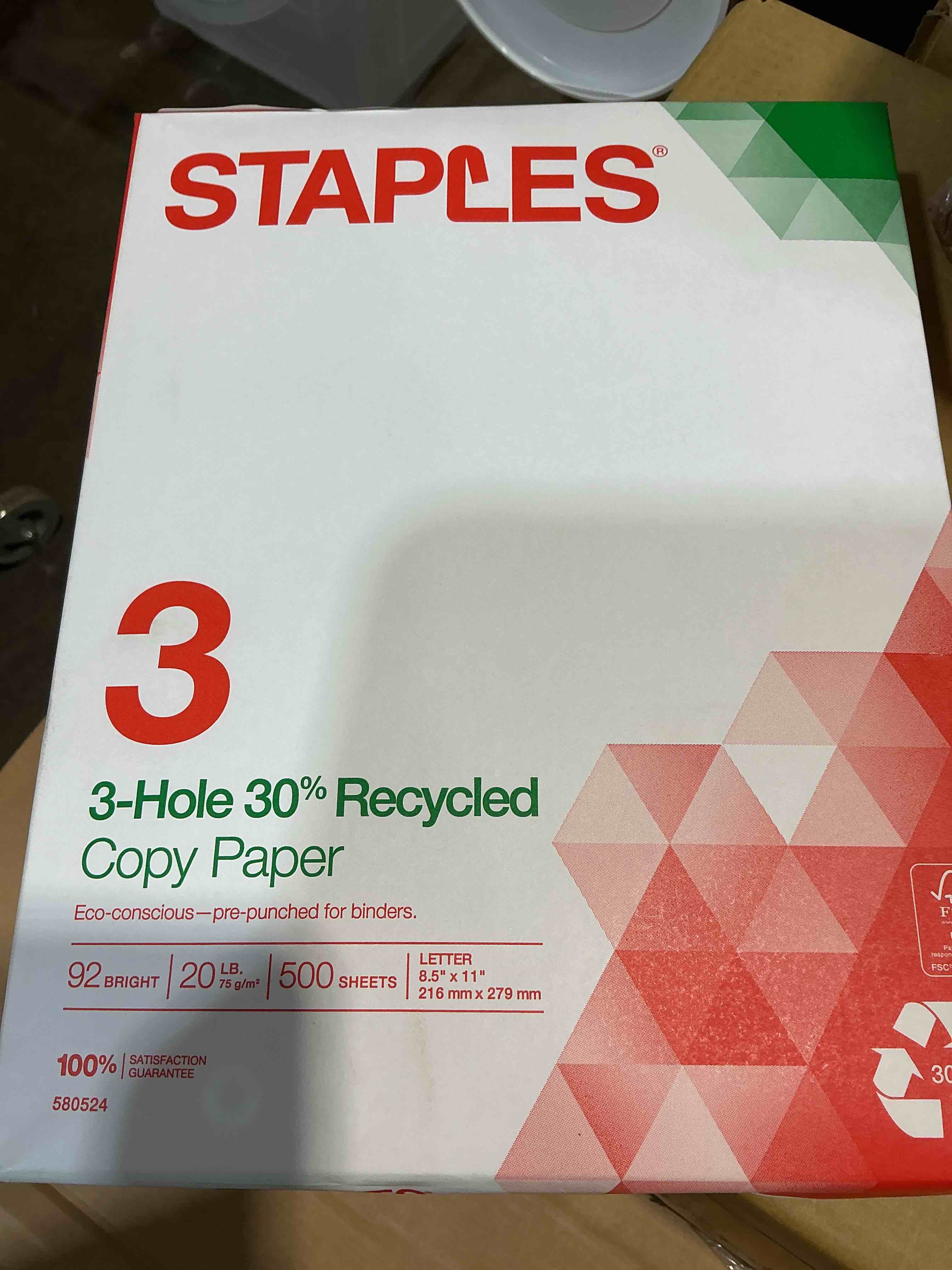Condition photo showing New/Like New for staples 30% recycled 8.5-inch x 11-inch copy paper 20 lbs 92 brightness 500/ream, for office, school & home