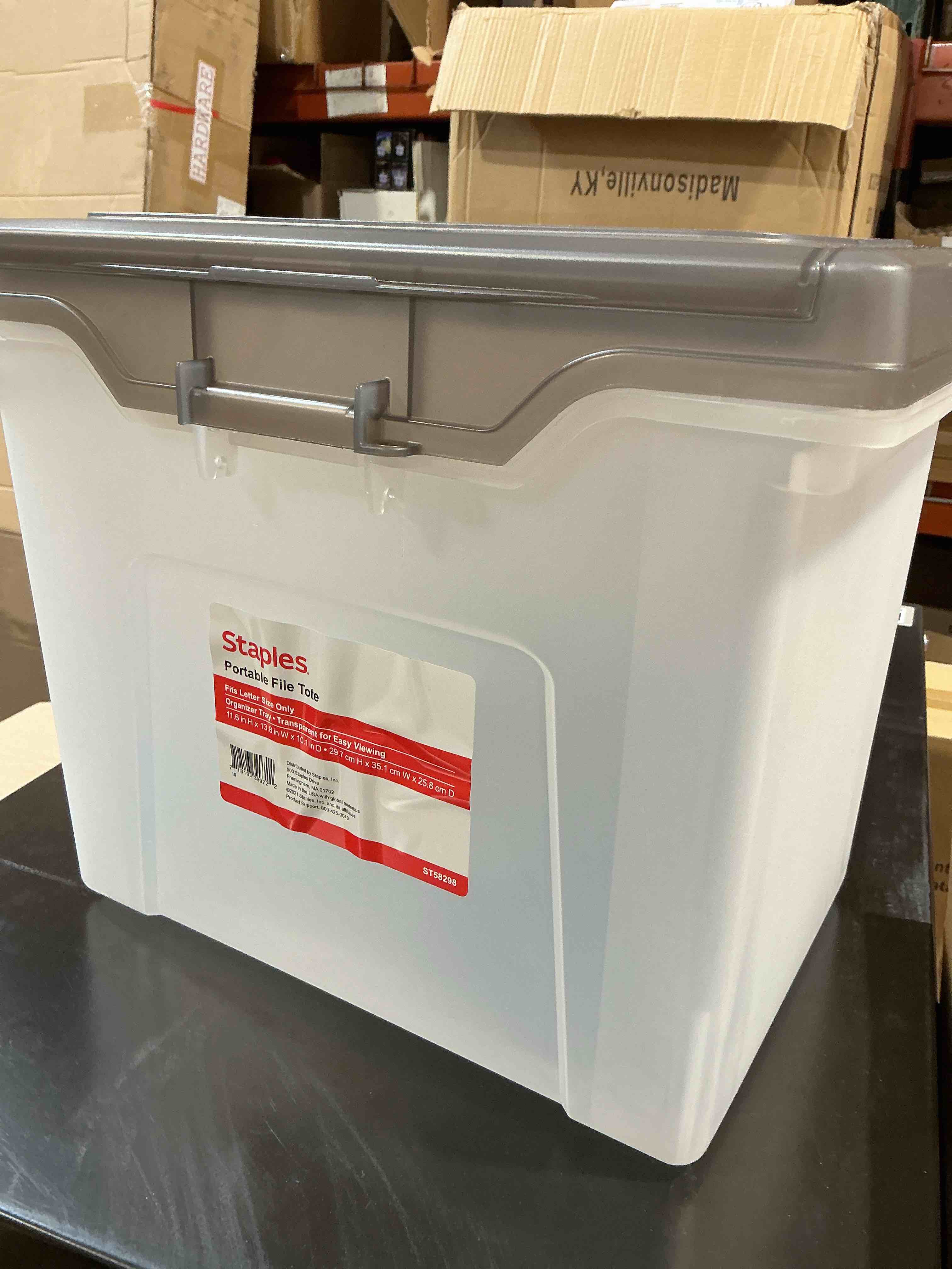 Condition photo showing As Is for staples portable file tote letter size clear (tr58298)