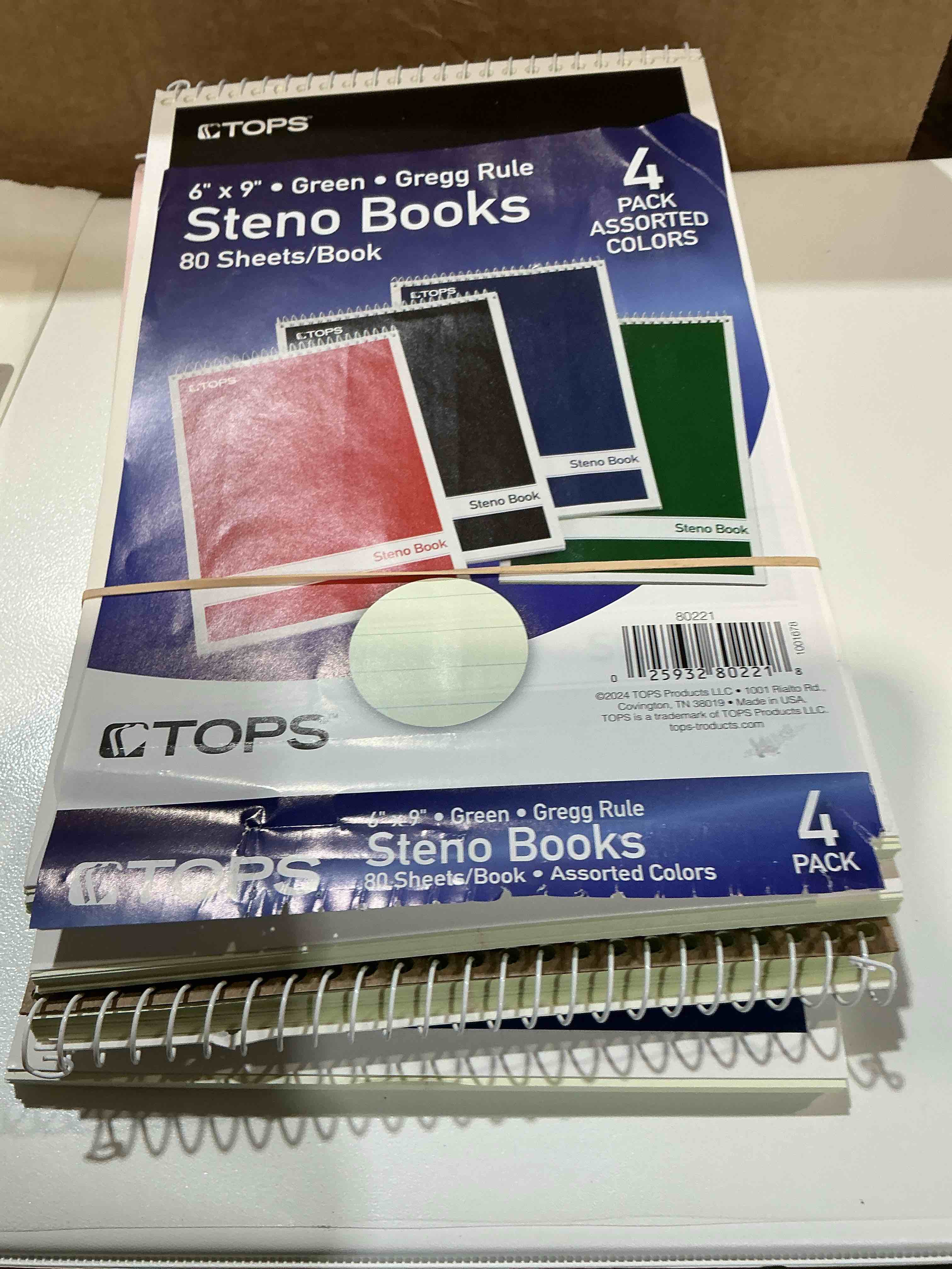 Condition photo showing Good Condition for tops steno books, 6" x 9", gregg rule, green tint paper, assorted color covers, 80 sheets, 4 pack (80221)