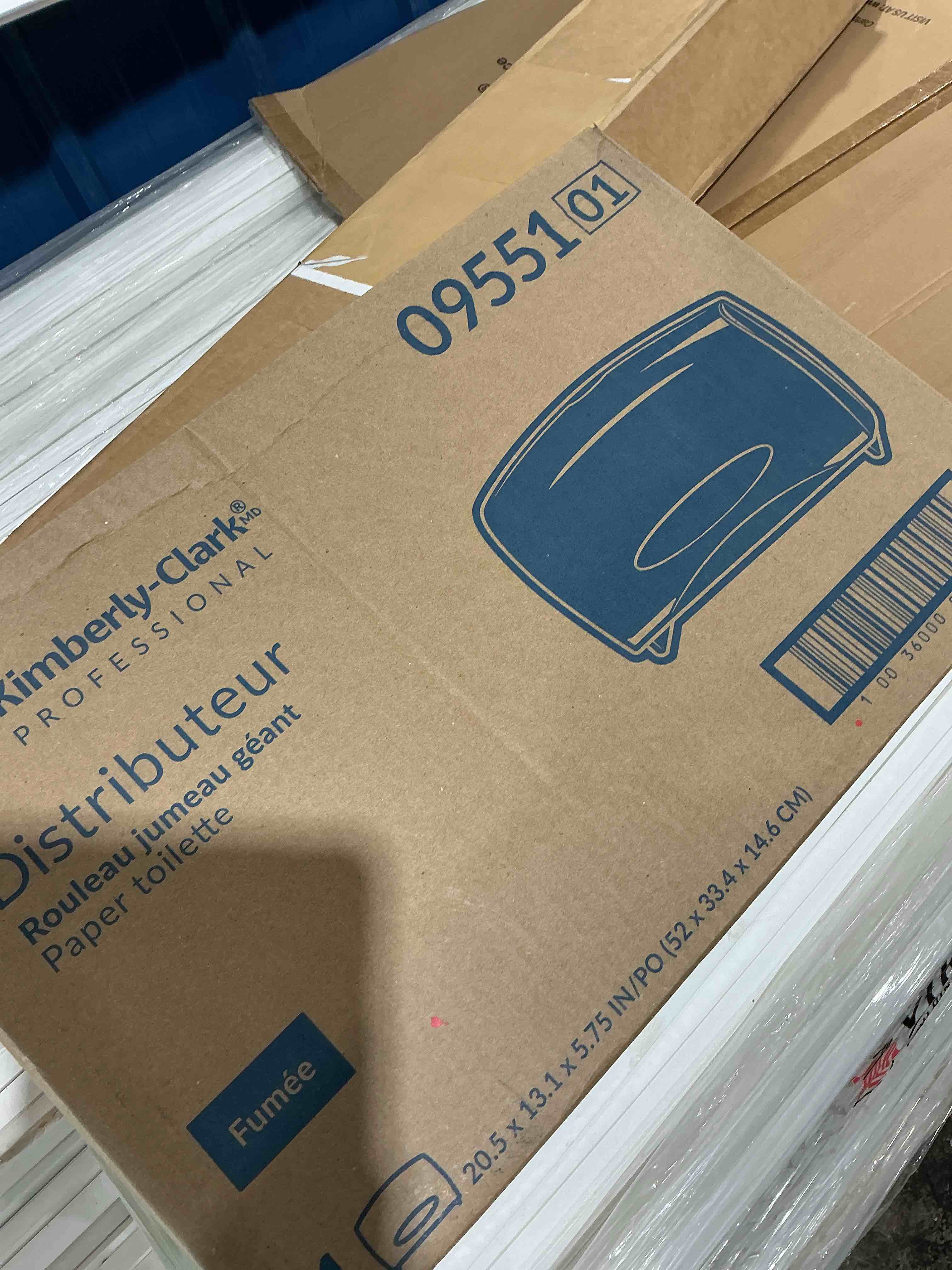 Condition photo showing New/Like New for kimberly-clark professional* cored jrt jumbo combo tissue dispenser  20 2/5w x 5 4/5d x 13 1/10h  smoke/gray -kcc09551