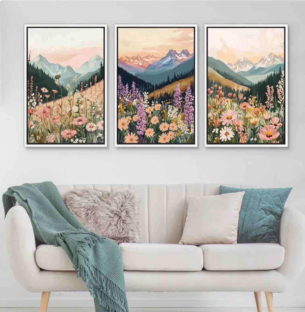 mountain wildflower wall art set of 3 - framed pastel canvas prints, boho sunset landscape with floral elements for rustic living room decor