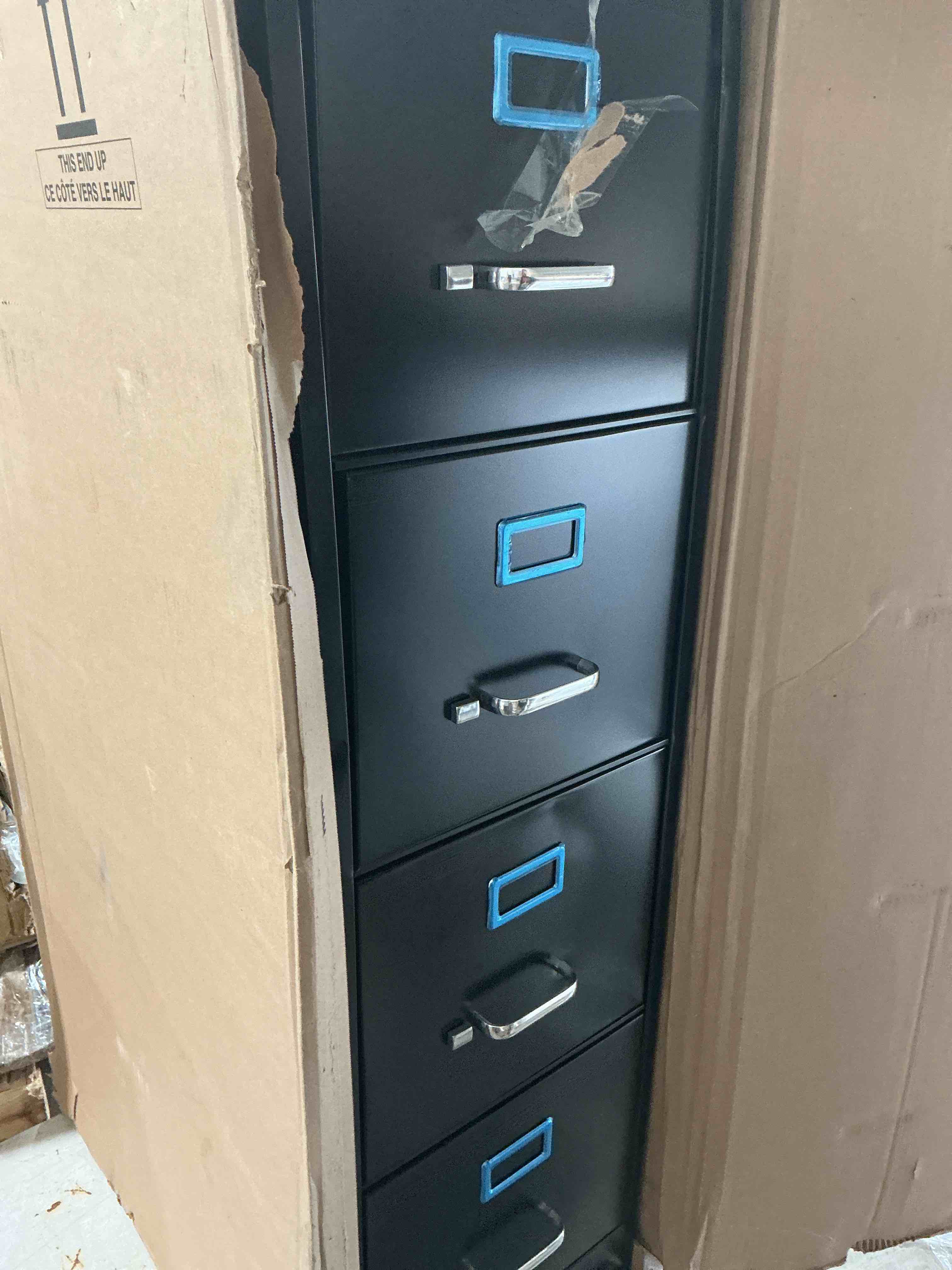 Condition photo showing New/Like New for hirsh 26.5 in deep 4 drawer vertical letter file cabinet in black
