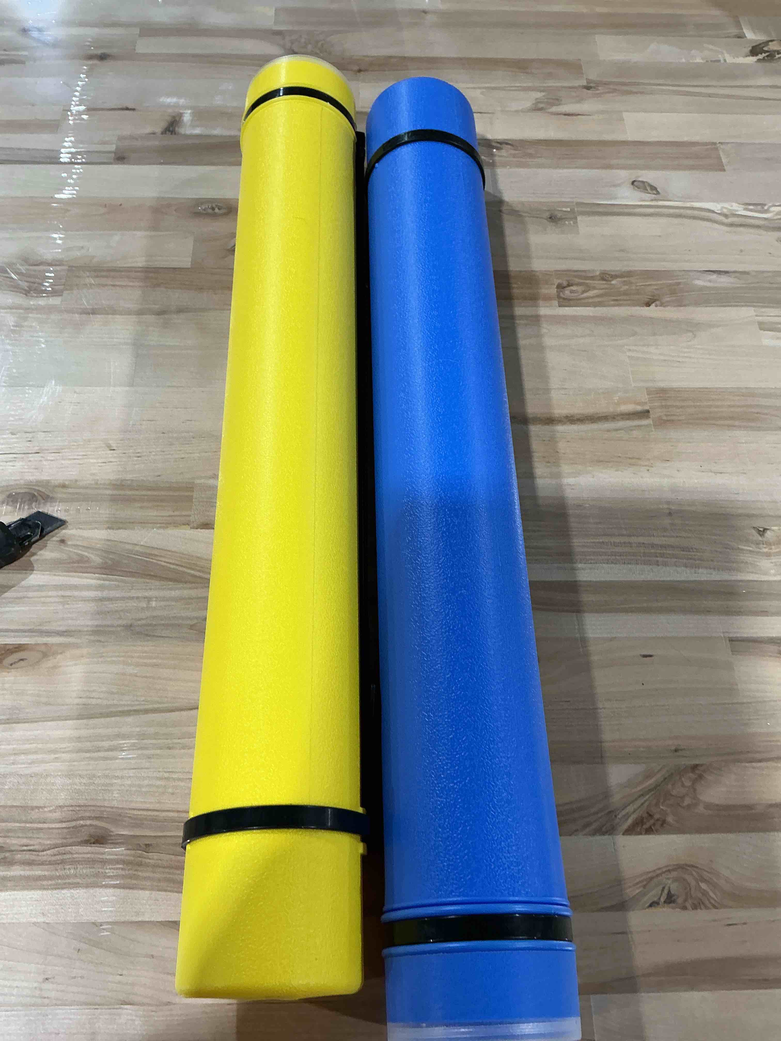Condition photo showing Good Condition for 2-pack extendable poster tubes expand from 24.5” to 40” with shoulder strap | carry documents, blueprints, drawings and art | blue and yellow portable durable round storage cases with lids and labels