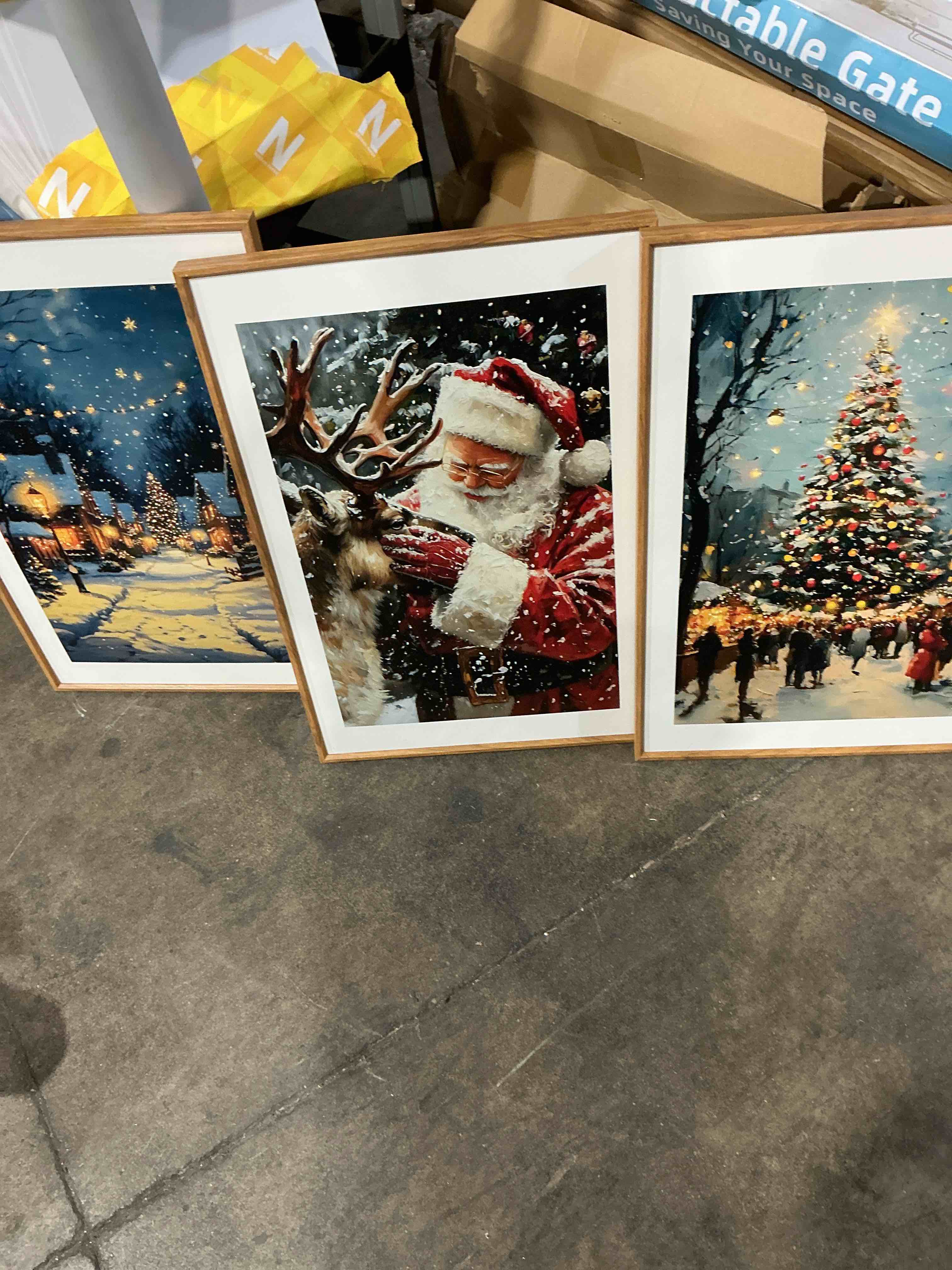 Condition photo showing Good Condition for classic christmas set of 3 prints vintage xmas print gallery set of 3 moody christmas wall art santa claus painting snowy christmas tree art