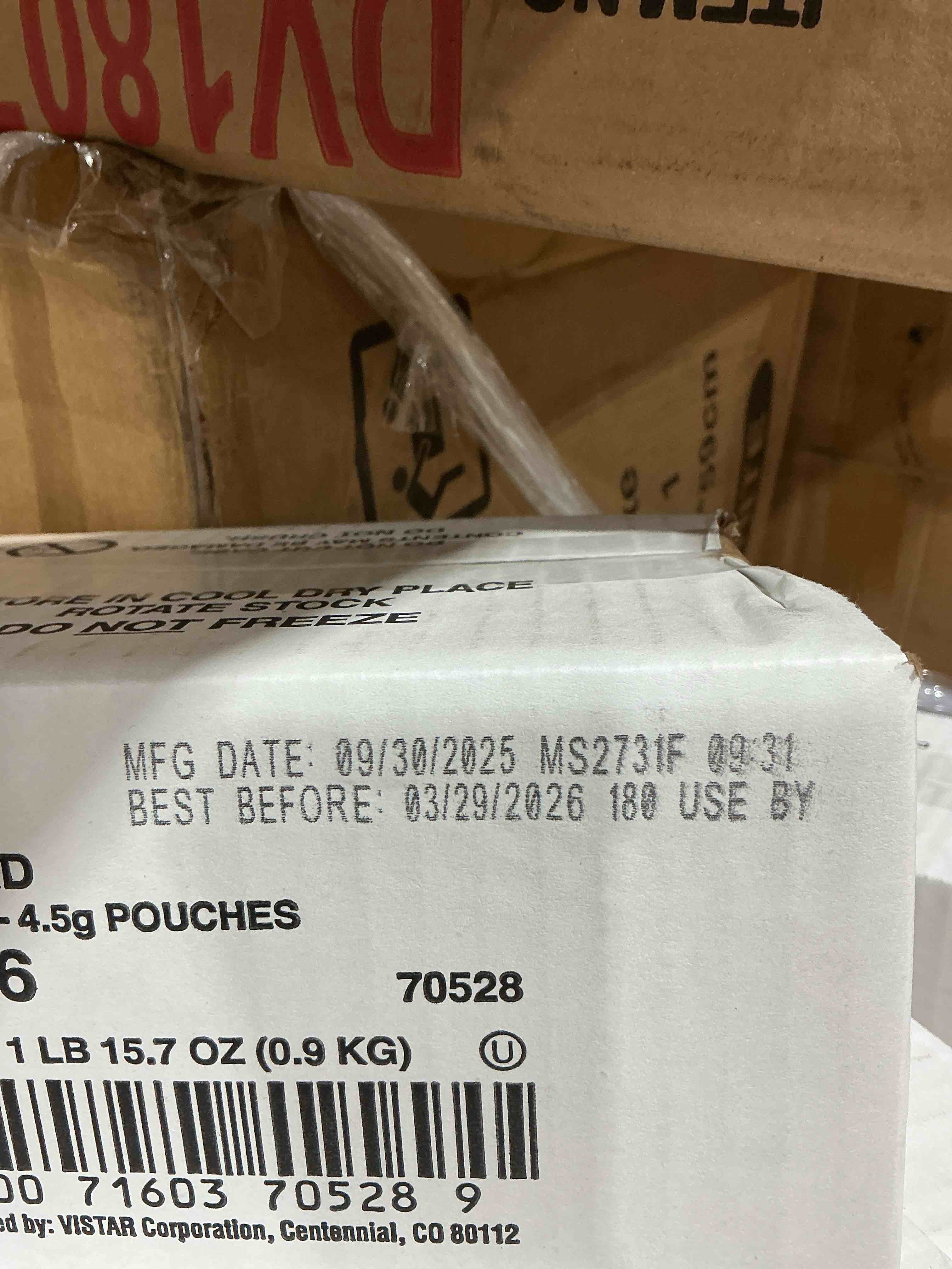 Condition photo showing New/Like New for condiment packets mustard 0.16 oz packet 200/carton. 4 boxes only