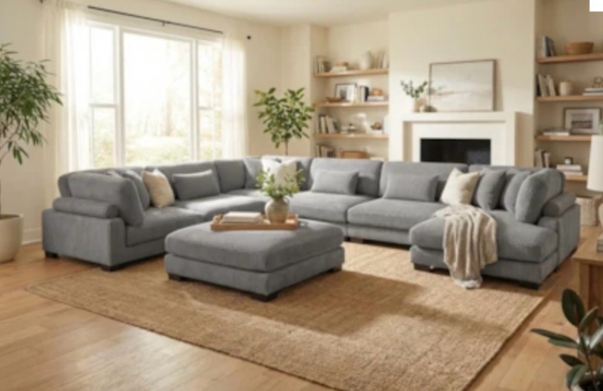 Ellety Brown 7-piece Modular sectional With Revrsible Chaise Ad Ottoman color grey