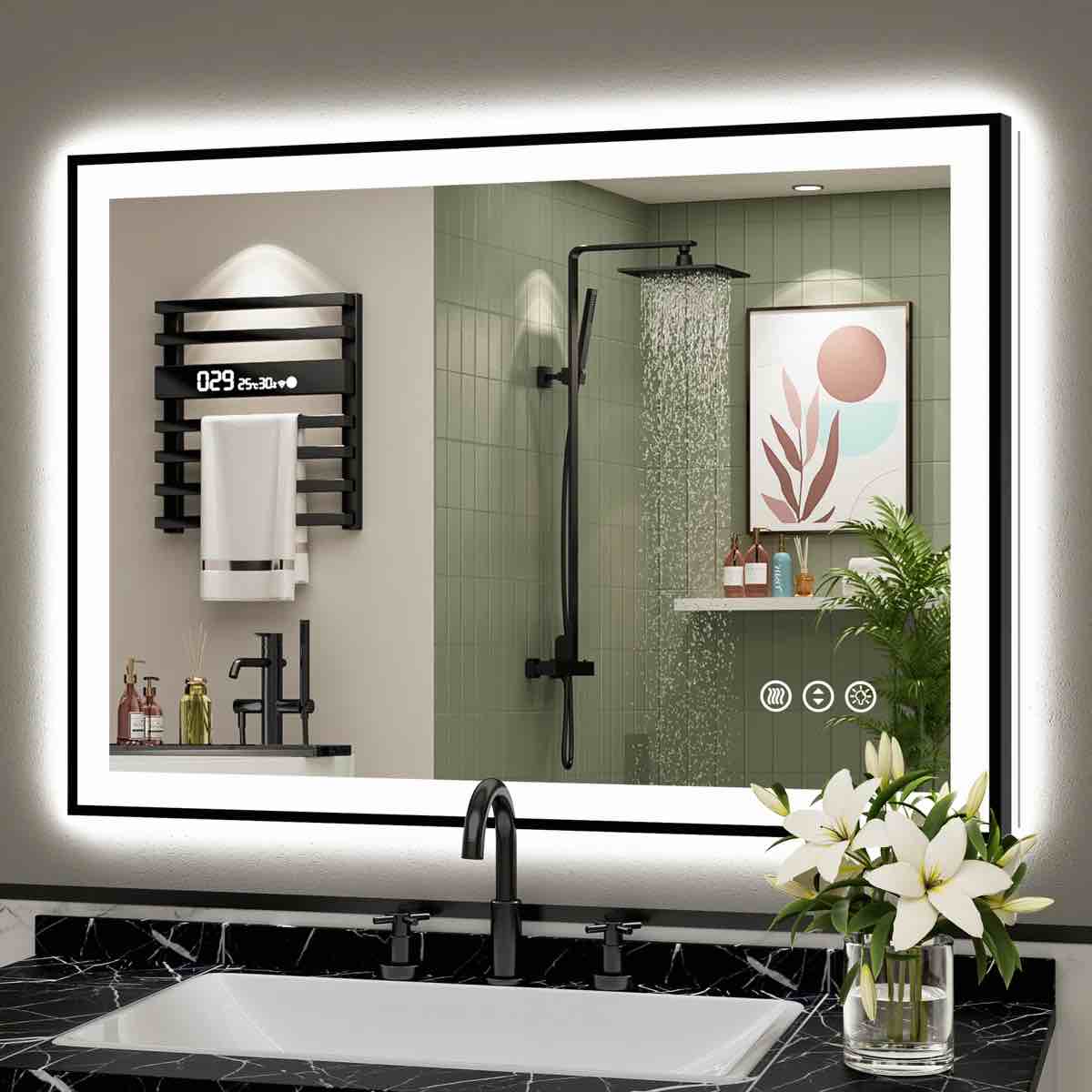 Matte Black Matel Framed Vanity Mirror with Lights, Front-lit and Back-lit, Memory Function, 3 Colour Temperatures, Dimmable Light & Anti-fog Tempered Glass ETL Listed LED Mirror