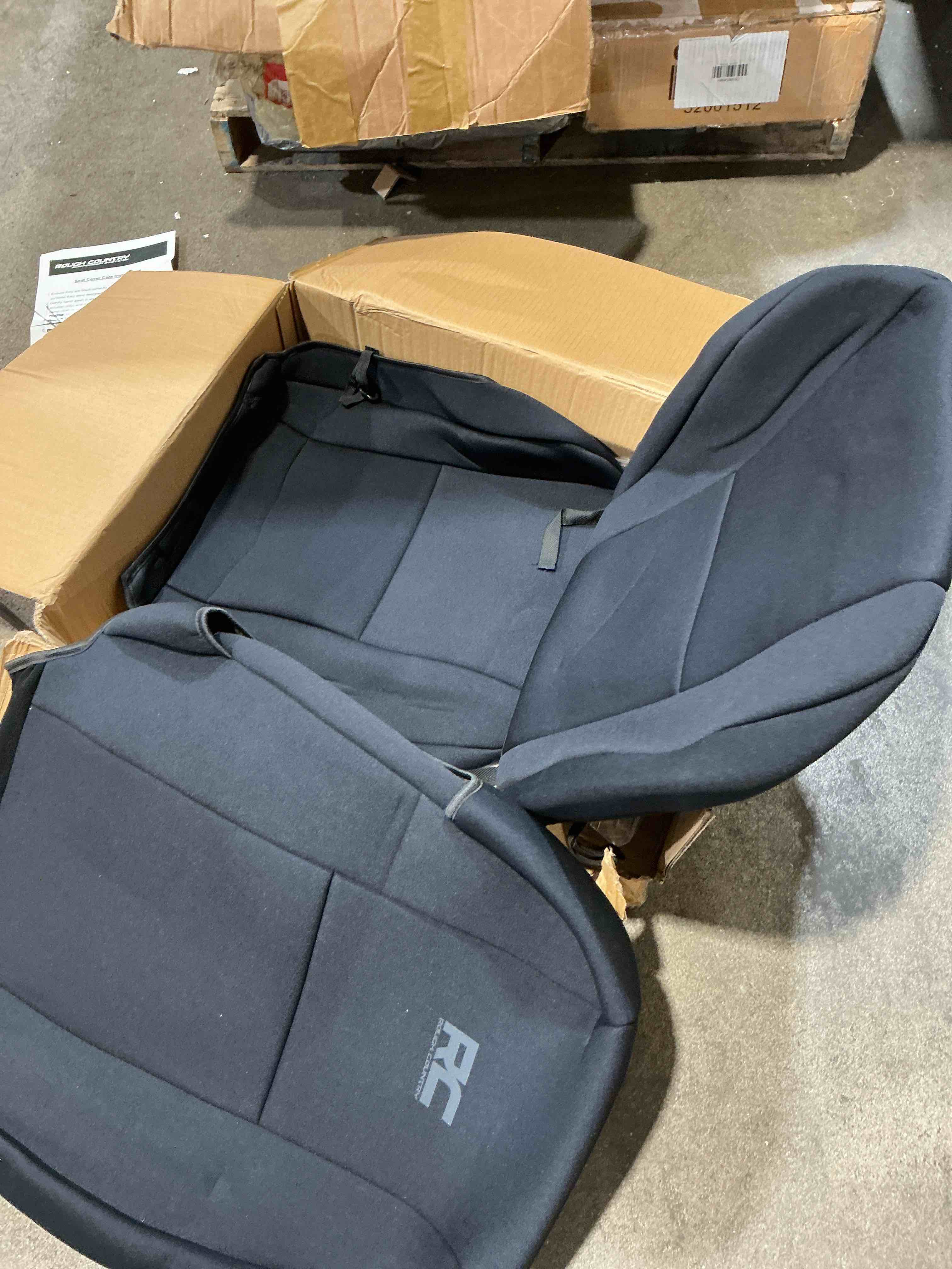 Condition photo showing As Is for champlus car seat covers, canvas seat protectors for two front seats, universal fits sedan cars, suvs, trucks, and mini vans, airbag compatible, quick install, set of 2, black incomplete 