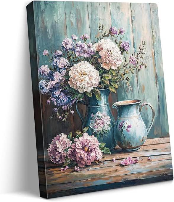 vandlife rustic flower canvas wall art antique blue vases overflowing with peonies hydrangeas on distressed teal wooden backdrop painting print for living room bedroom decor framed 12x16in