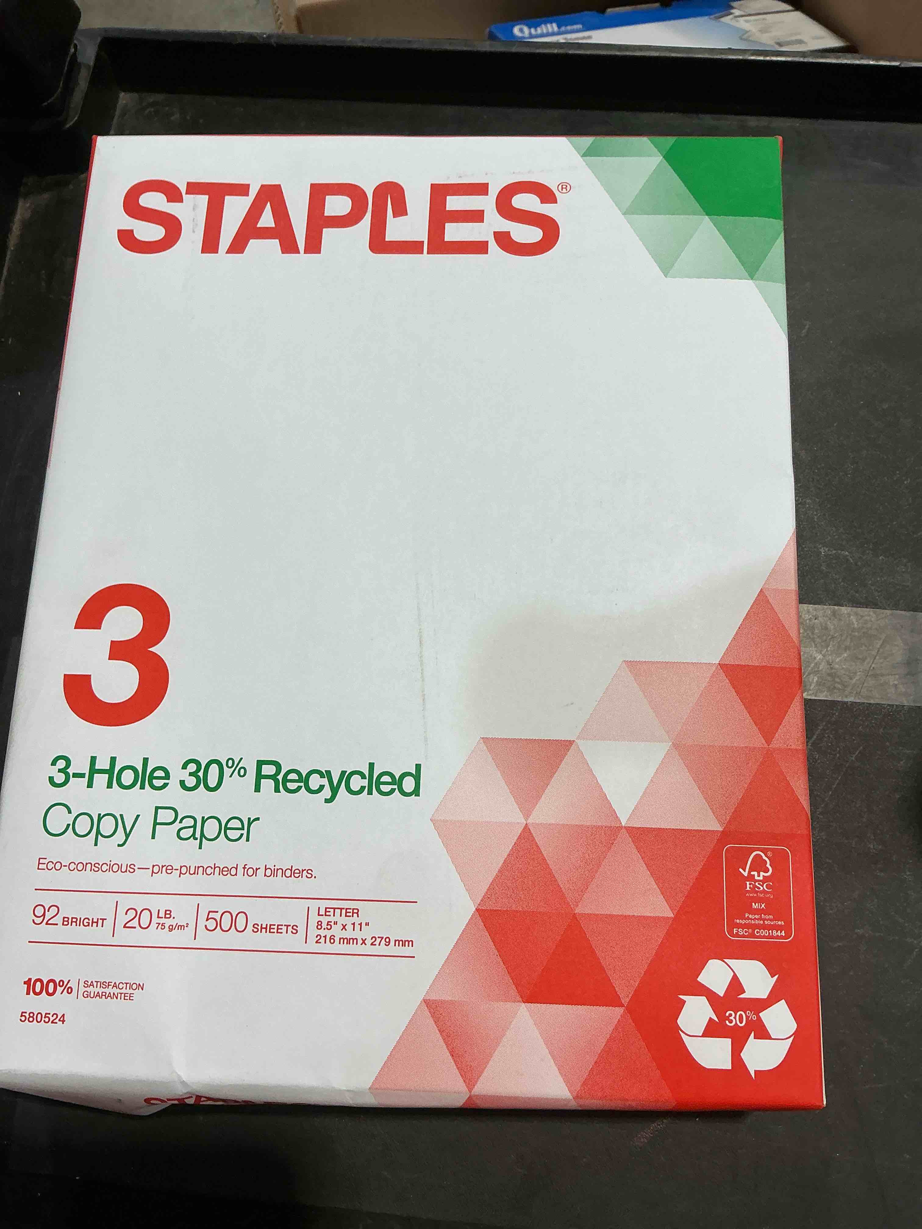 Condition photo showing New/Like New for staples 30% recycled 8.5-inch x 11-inch copy paper 20 lbs 92 brightness 500/ream, for office, school & home
