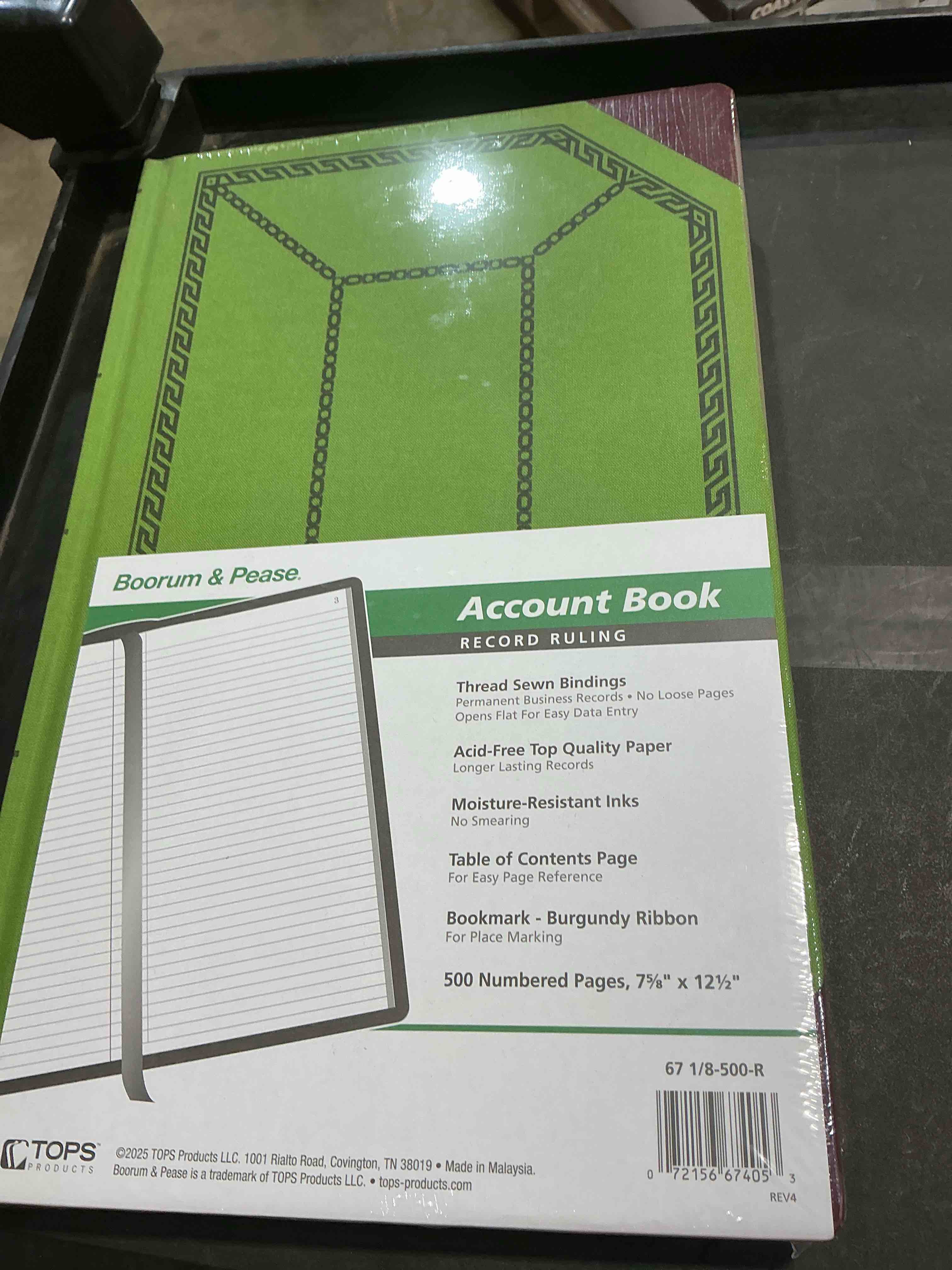 Condition photo showing New/Like New for boorum & pease 6718500r record/account book, record rule, green/red, 500 pages, 12 1/2 x 7 5/8
