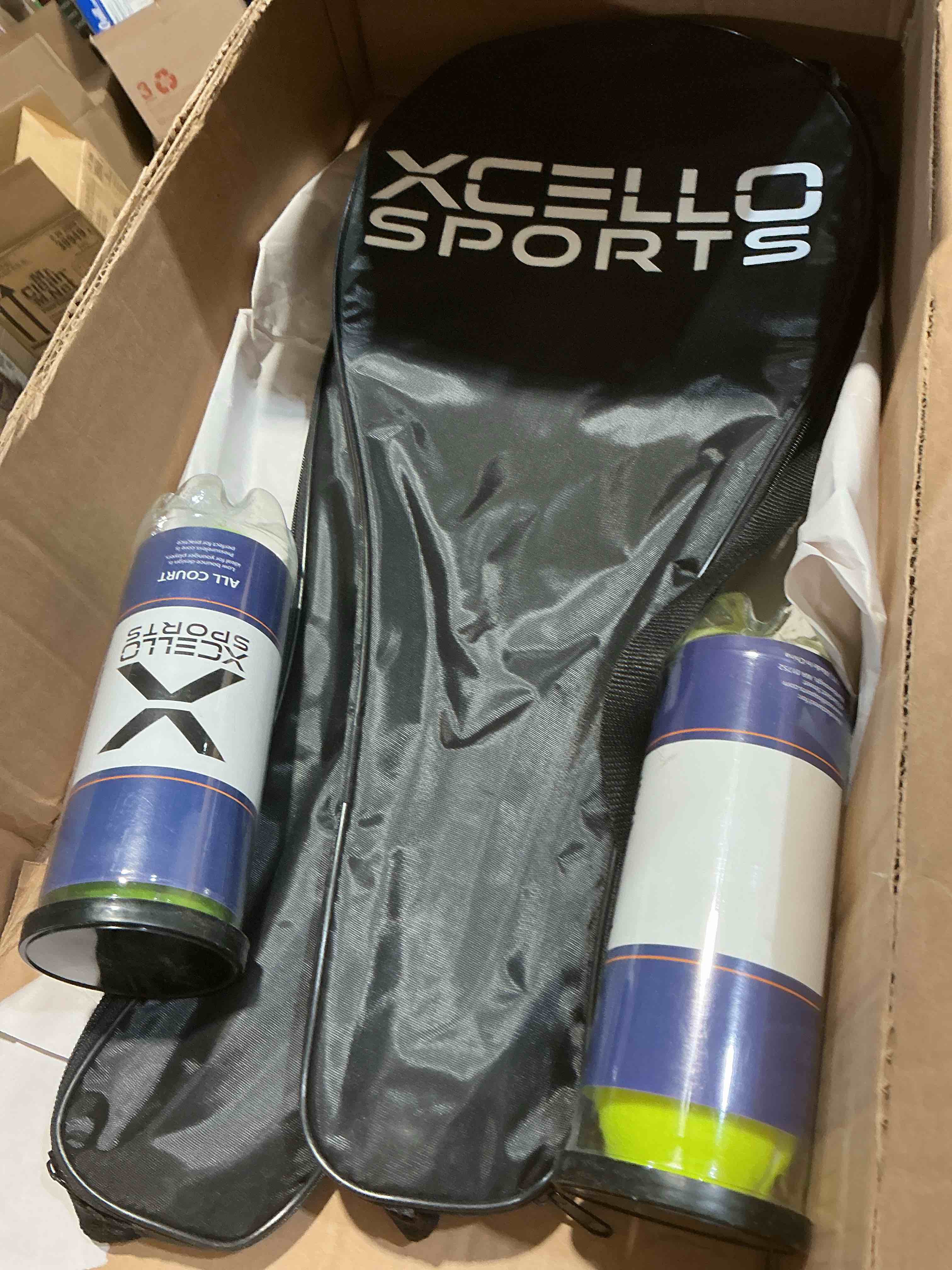 Condition photo showing New/Like New for xcello sports 23" aluminum racket set (blue/black) with 2 tubes of tennis balls and 2 covers