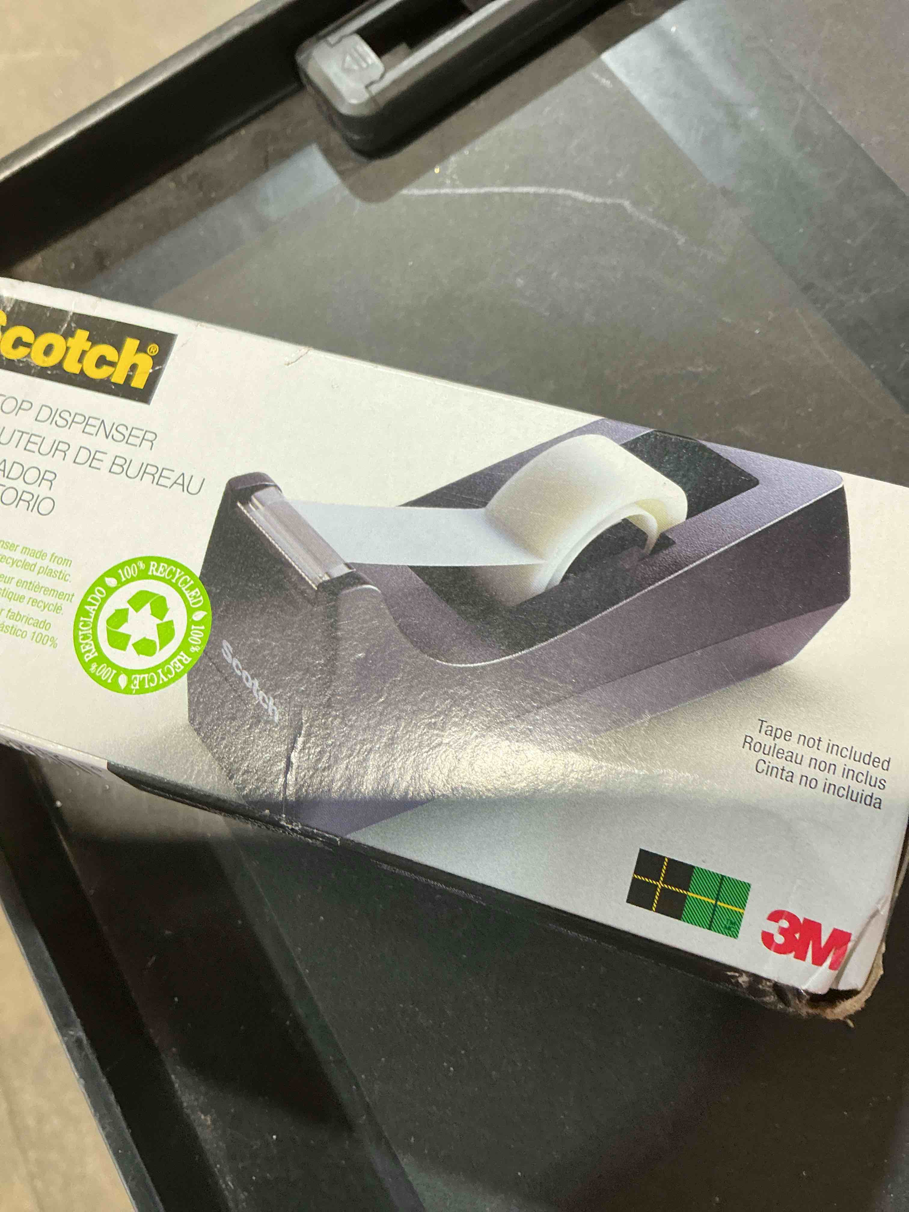 Condition photo showing New/Like New for scotch desktop tape dispenser, black, 2.7 in. x 2.7 in. x 6.4 in., 1 tape dispenser, polystyrene (ps)