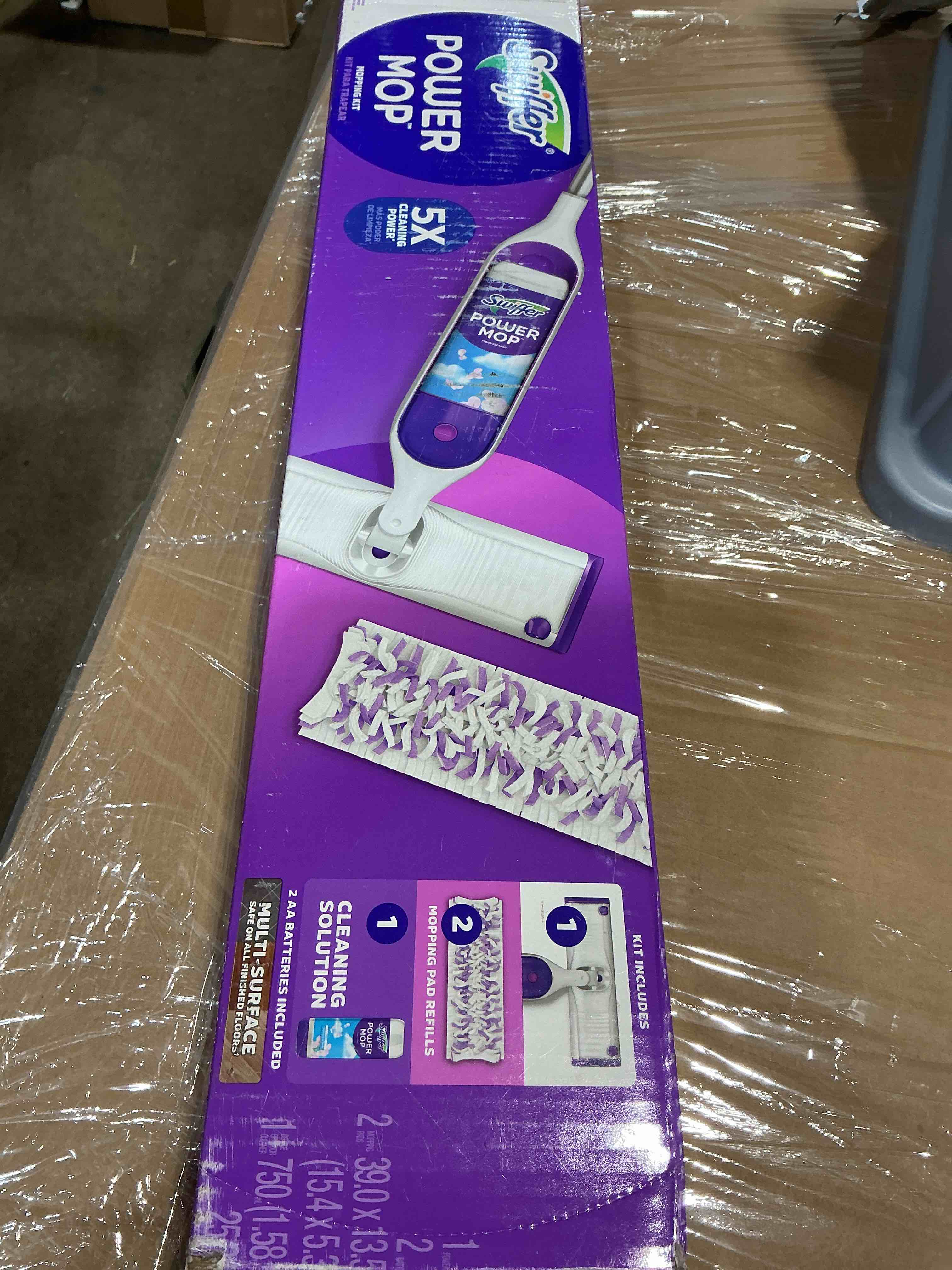 Condition photo showing Good Condition for swiffer powermop multi-surface mop kit for floor cleaning, fresh scent, mopping kit includes powermop, 2 mopping pad refills, 1 floor cleaning solution with fresh scent and 2 batteries purple and white