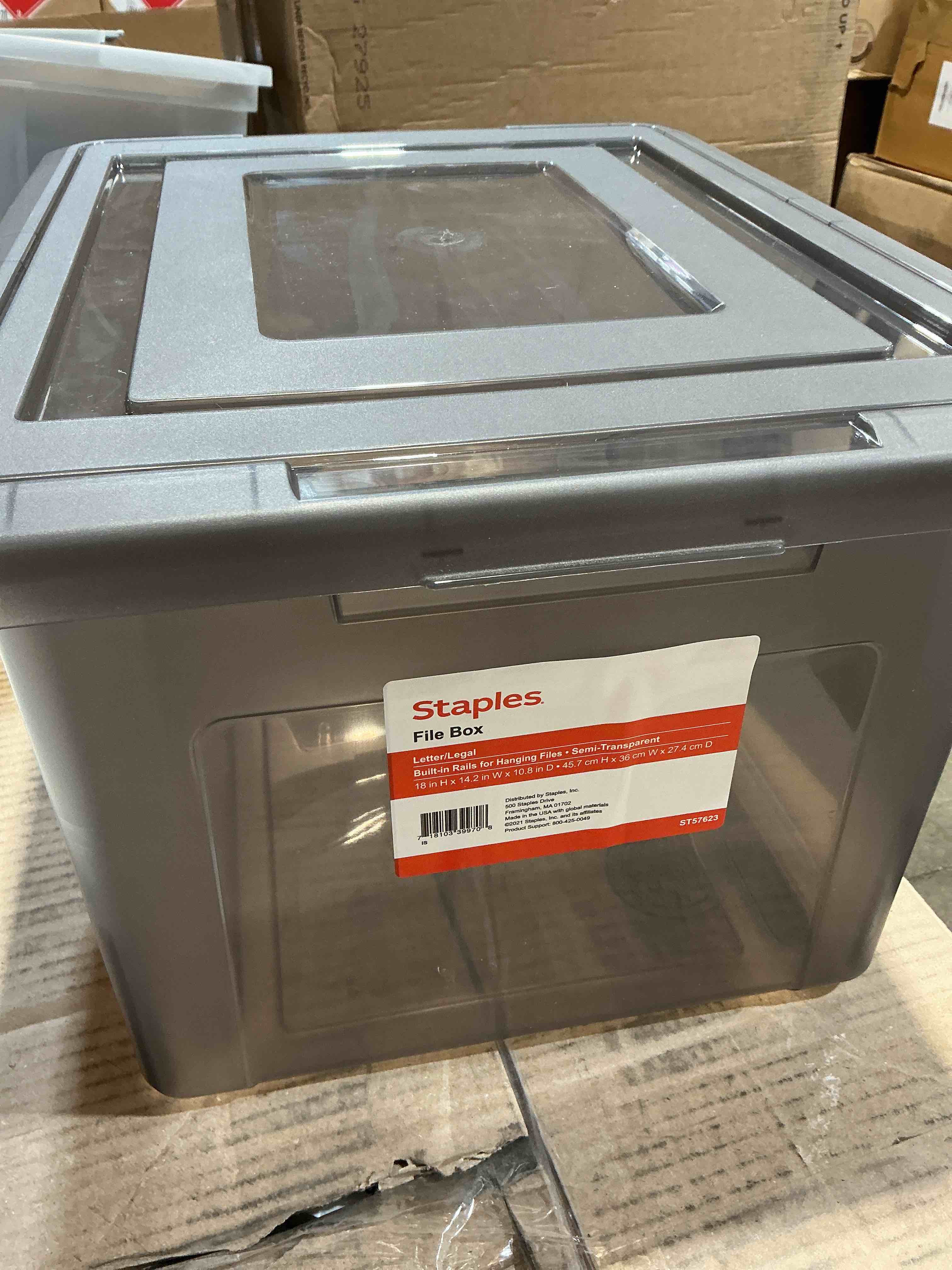 Condition photo showing New/Like New for staples file box plastic file box snap letter/legal size frost gray (140170/140160)