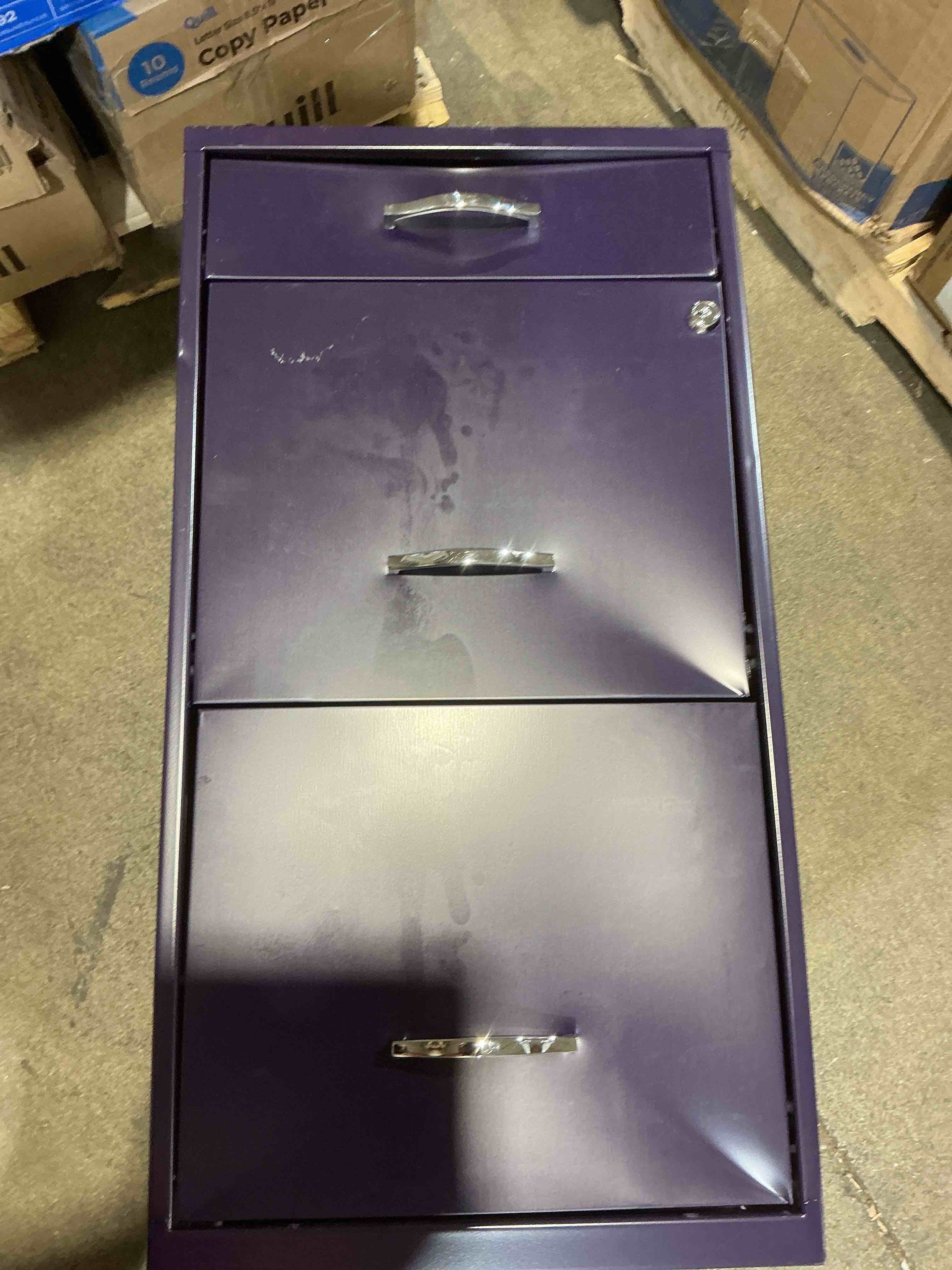 Condition photo showing Good Condition for space solutions 18 deep 3 drawer mobile letter width vertical file cabinet midnight purple