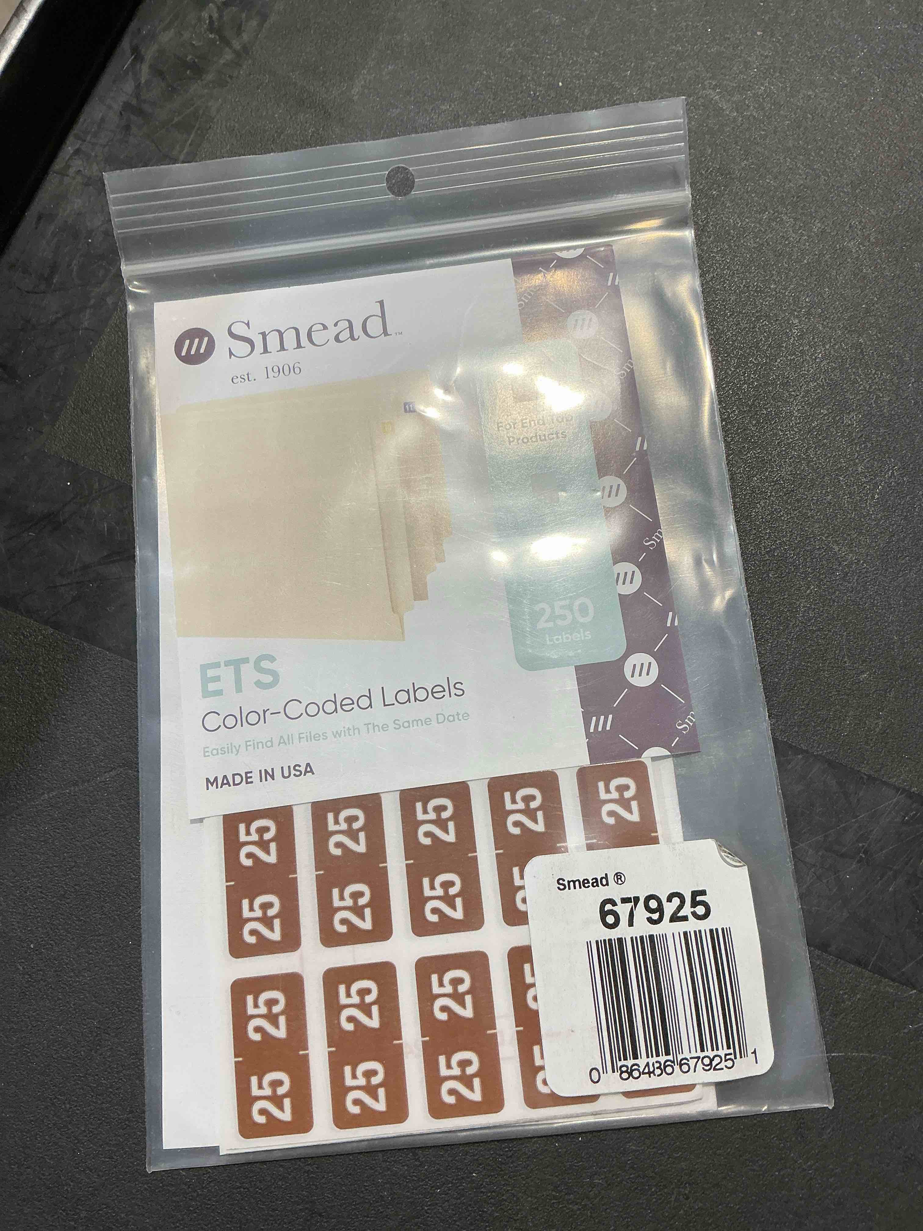 Condition photo showing New/Like New for smead ets color-coded 2025 year labels, 1" x 1/2", pack of 250, brown (67925)