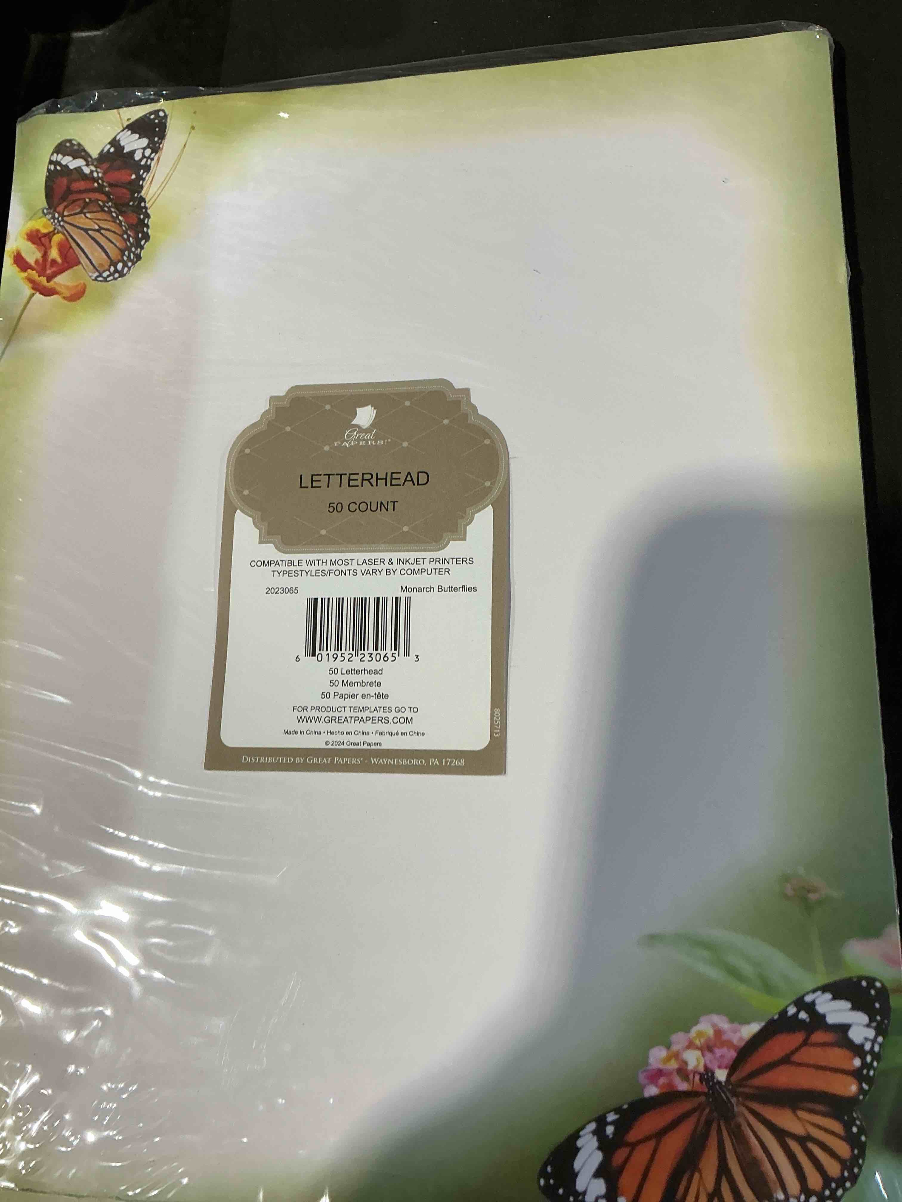 Condition photo showing New/Like New for great papers! monarch butterflies letterhead, for invitations, announcements and personal messages, printer friendly 8.5" x 11", 50 pack (2023065)