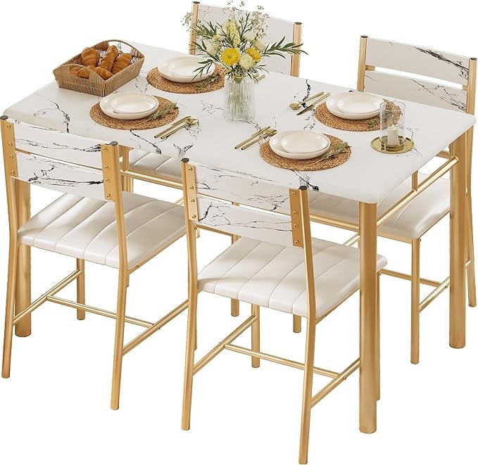 ironck dining table set for 4, wood kitchen table with upholstered chairs for kitchen & dining room, compact dining set for small spaces, white & gold