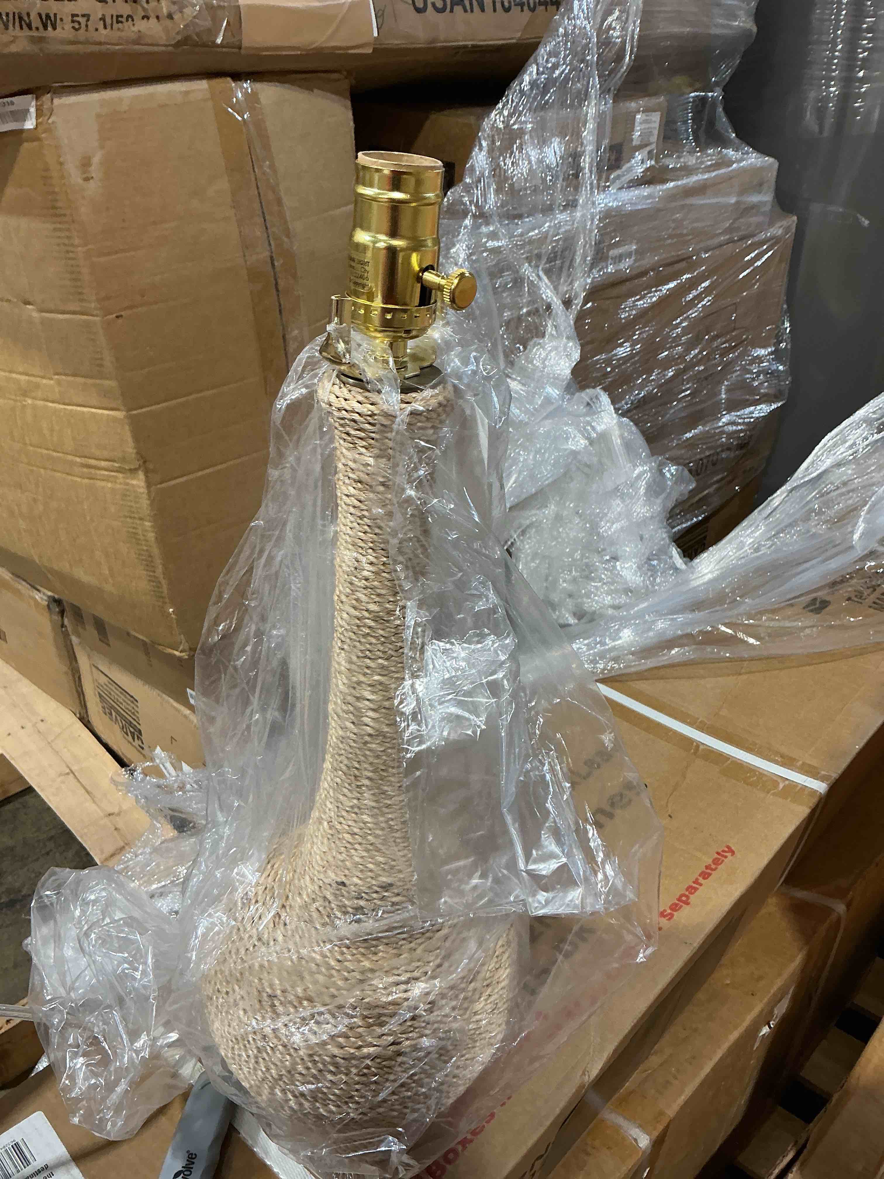 Condition photo showing Good Condition for it's a wrap natural wicker + oatmeal linen shade table lamp