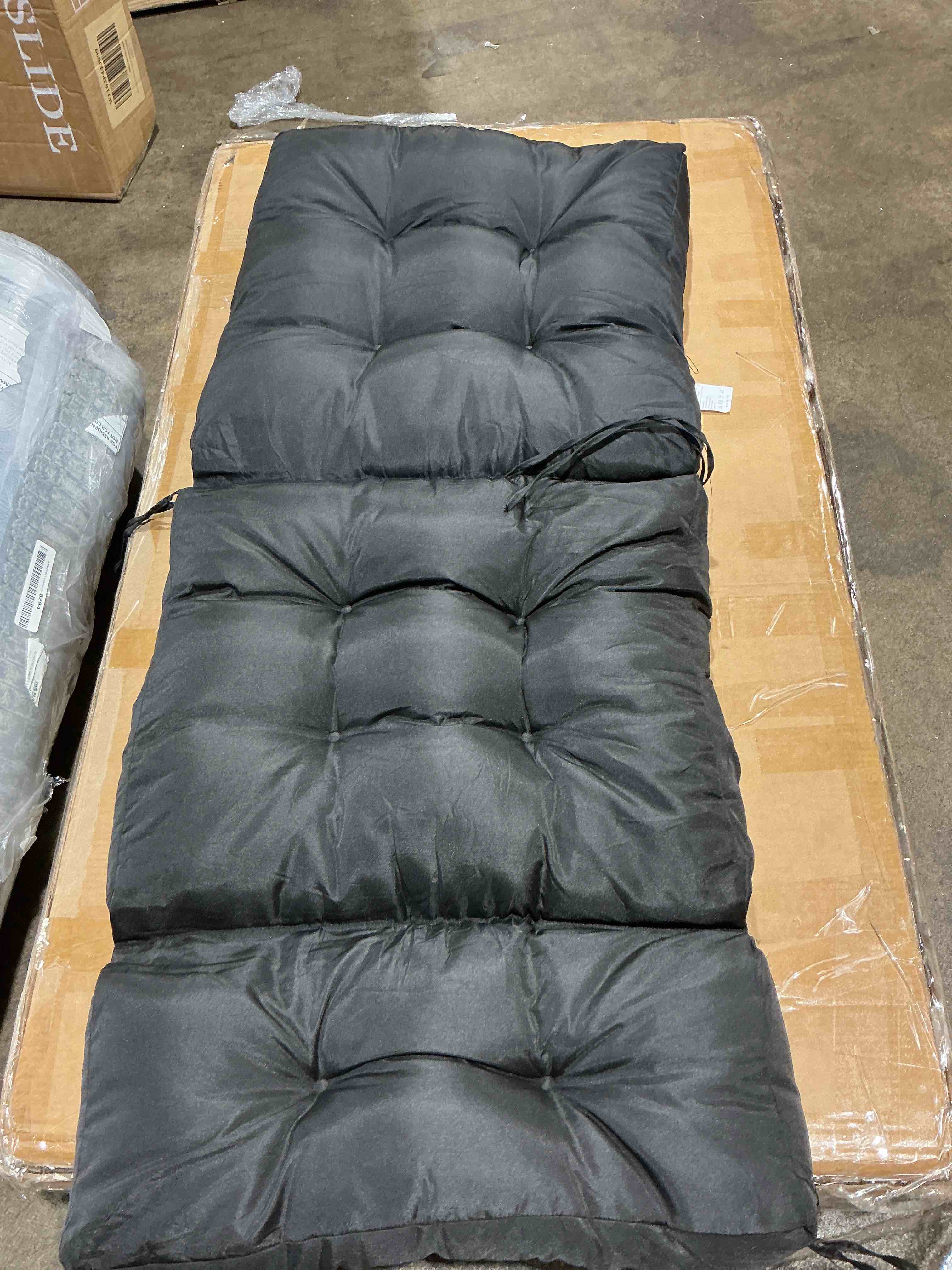 Condition photo showing New/Like New for graffy 2 pack outdoor chair cushions 45" x 22" x 4.5", high back tufted seat cushion with ties, waterproof all-weather indoor rocking chair replacement pads, patio wicker furniture cushions, black