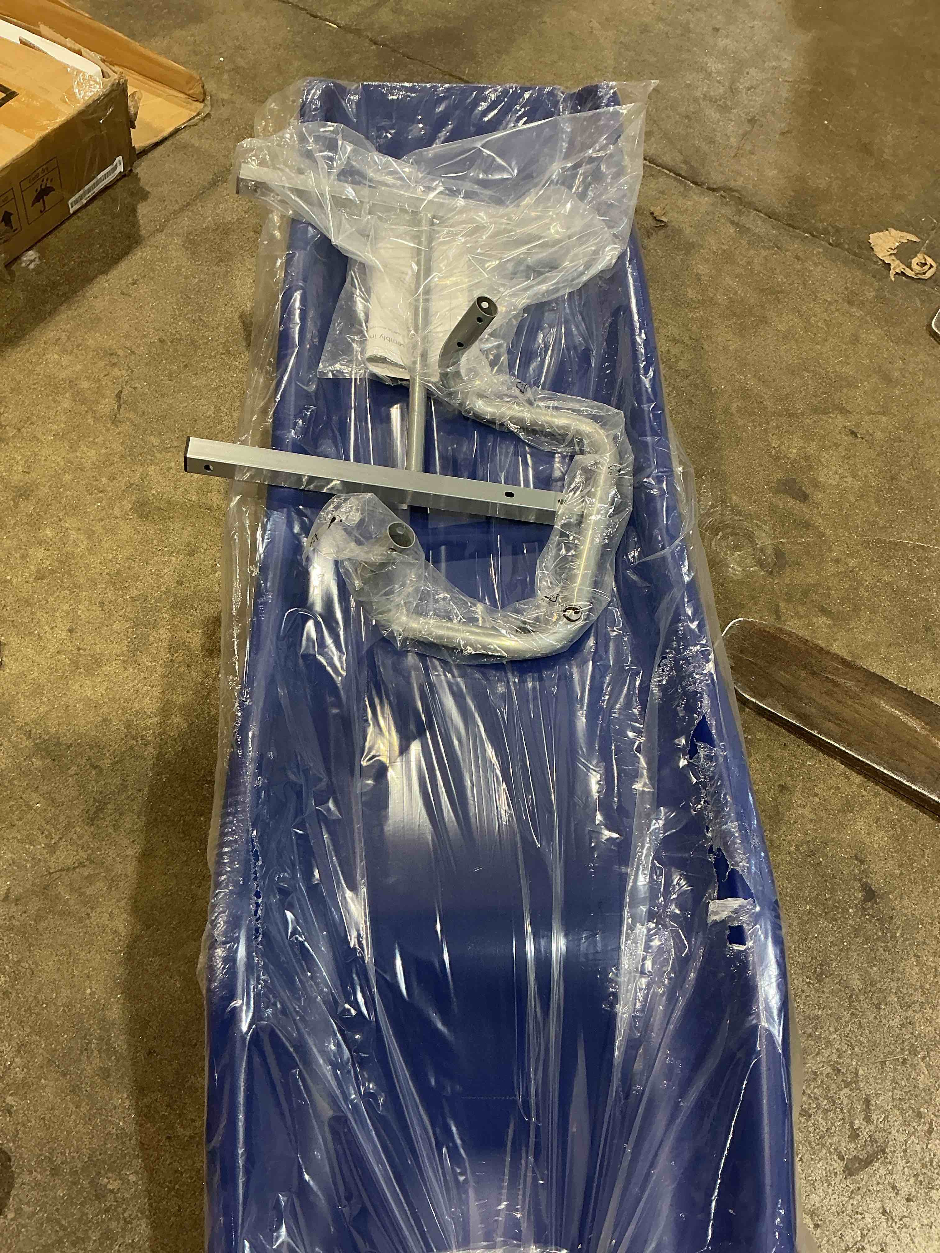 Condition photo showing New/Like New for heavy duty plastic trampoline slide with support frame for 8-16ft, safer outdoor plastic slide for trampoline, adjustable trampoline ladder for kids 6+, 220 lbs capacity, blue