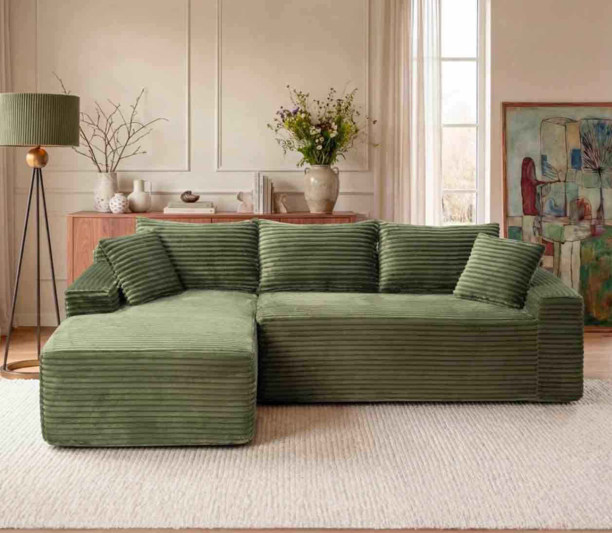 92.5" modular sectional sofa, l-shape cloud couch with deep seats & chaise, 4-in-1 covertible corduroy boneless couches for living room,bedroom,no need assembly - green