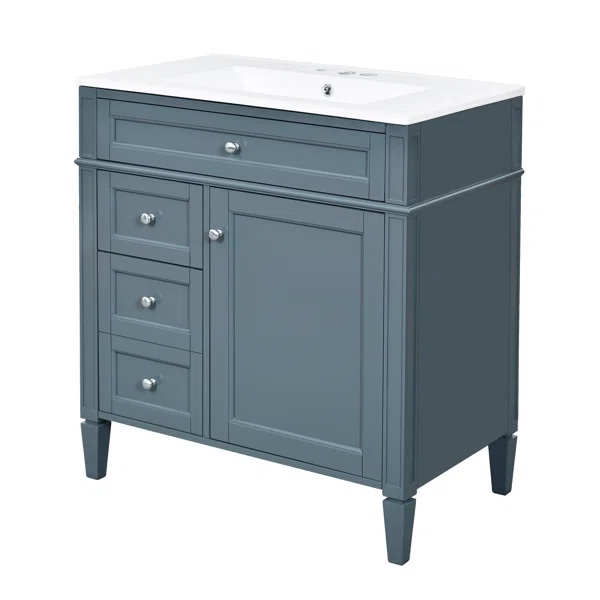 30" bathroom vanity with single sink top, 2 storage drawers & tip-out drawer