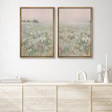 framed canvas print wall art set 2 pastel wildflower field nature wilderness illustrations modern decorative calm/relax/cozy for bedroom - 16"x24"x3 natural