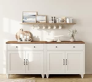 wamapt buffet cabinet with 4 doors and 2 drawers, large coffee bar table wood kitchen storage cabinets with storage cabinets, modern farmhouse sideboard credenza for dining room, off white, arlett | acent c e: 86x40x78 cm