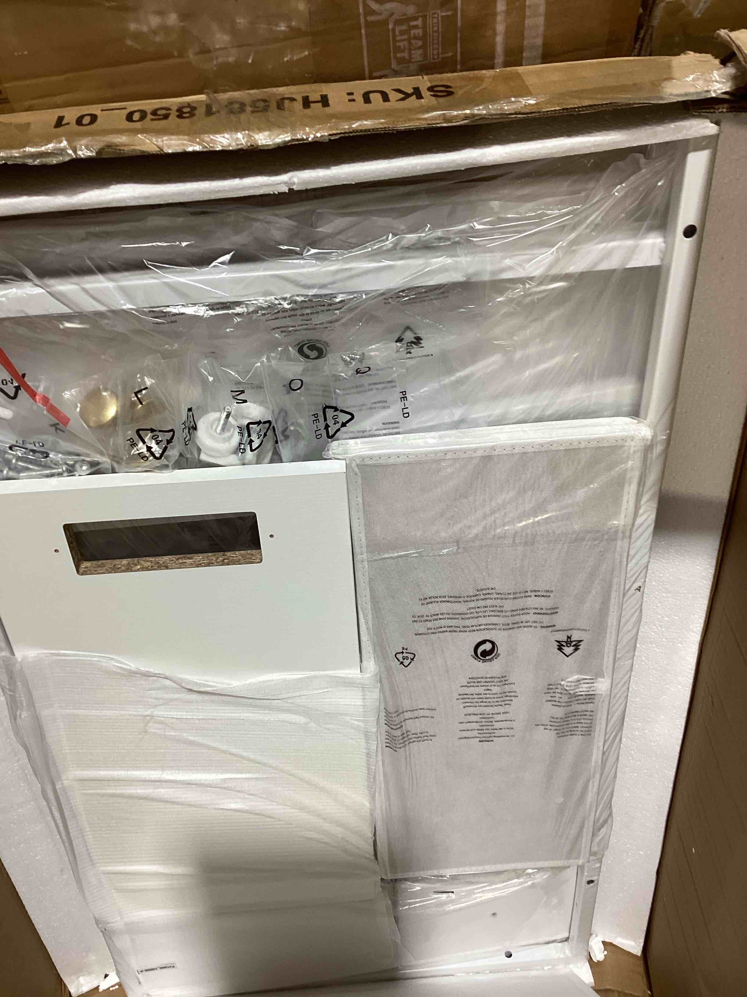 Condition photo showing Good Condition for narrow dresser with charging station, slim white dresser with 4 fabric drawers, slim chest of drawers with steel frame for small spaces bathroom, bedroom, living room, laundry (white)
