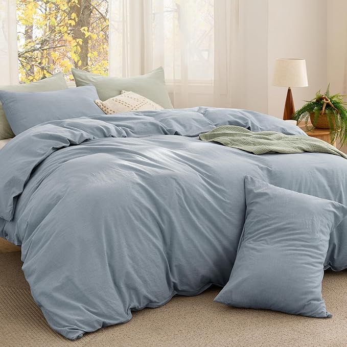 bedsure comforter set queen size - cotton fabric with microfiber inner fill, mineral blue purewoven soft bed set for all seasons, 3 pieces, 1 comforter (90" x 90") and 2 pillow cases (20" x 26")