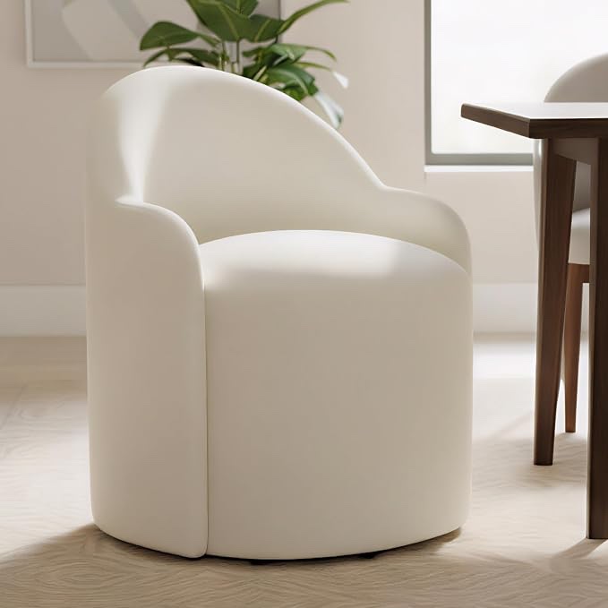 kislot upholstered dining chairs with casters, no assembly modern dining room chairs accent vanity chair with 5 wheels & round backrest for bedroom, living room, dressing, linen fabric, set of 1