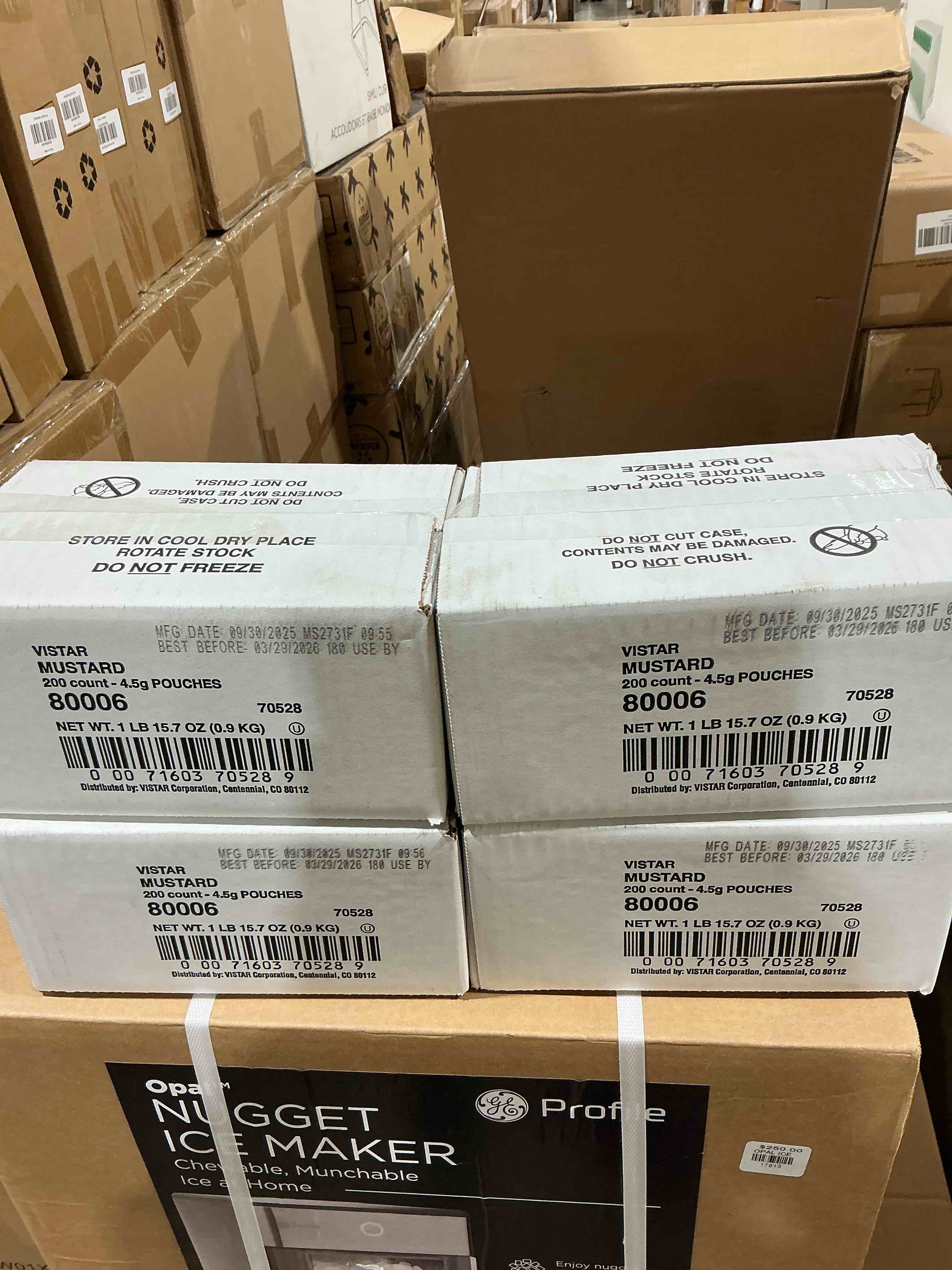 Condition photo showing New/Like New for vistar mustard single-serve packets, 0.16 oz, pack of 200( 4 boxes)