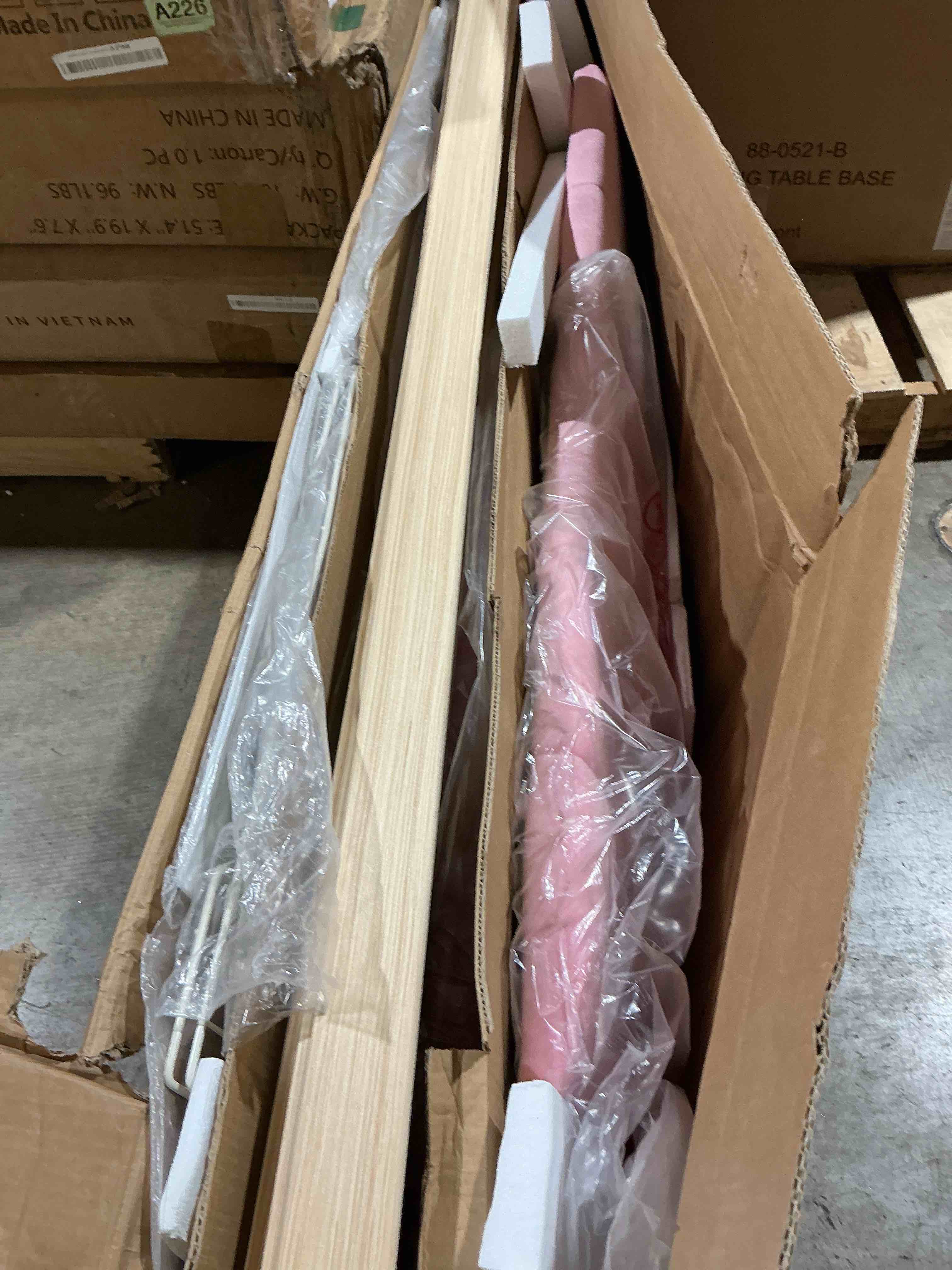 Condition photo showing Good Condition for full led bed frame with storage headboard & 2 storage drawers, princess velvet upholstered bed with vertical tufted headboard design for girls, usb & type-c charging ports, wooden slats support, pink ( incomplete only box 2 )