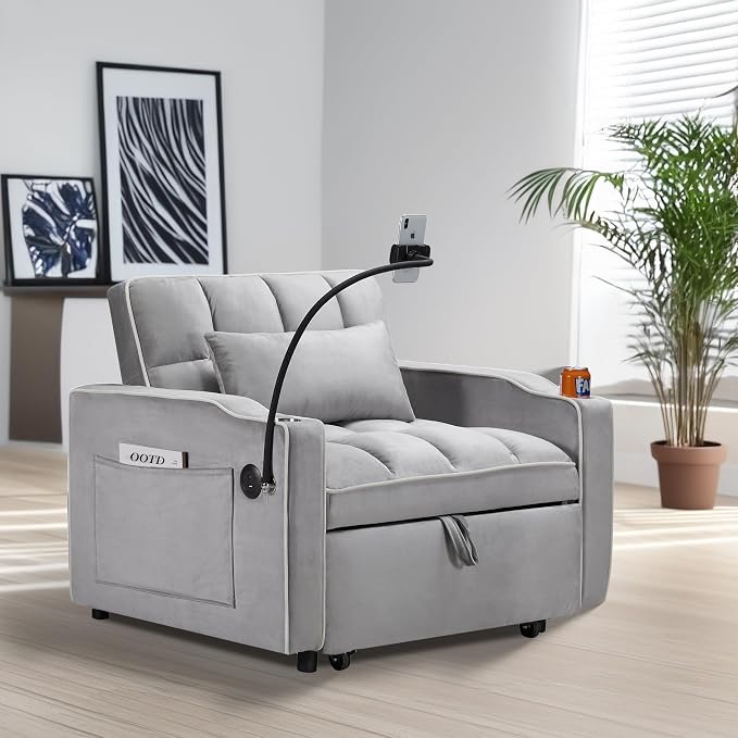 convertible sleeper chair sofa bed with adjustable backrest and usb charging, pull out chair bed with cup holder, storage pocket and phone seat, single person pull out sofa bed sleeper chair, grey