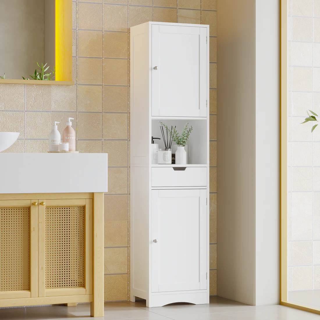 67" tall bathroom cabinet, storage cabinet with 2 doors & 1 drawer, narrow ba