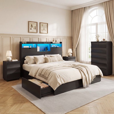 amerlife queen size bed frame with 51.2" tall bookcase headboard, farmhouse platform bed with 4 storage drawers, linen upholstered, charging station & storage, rustic black