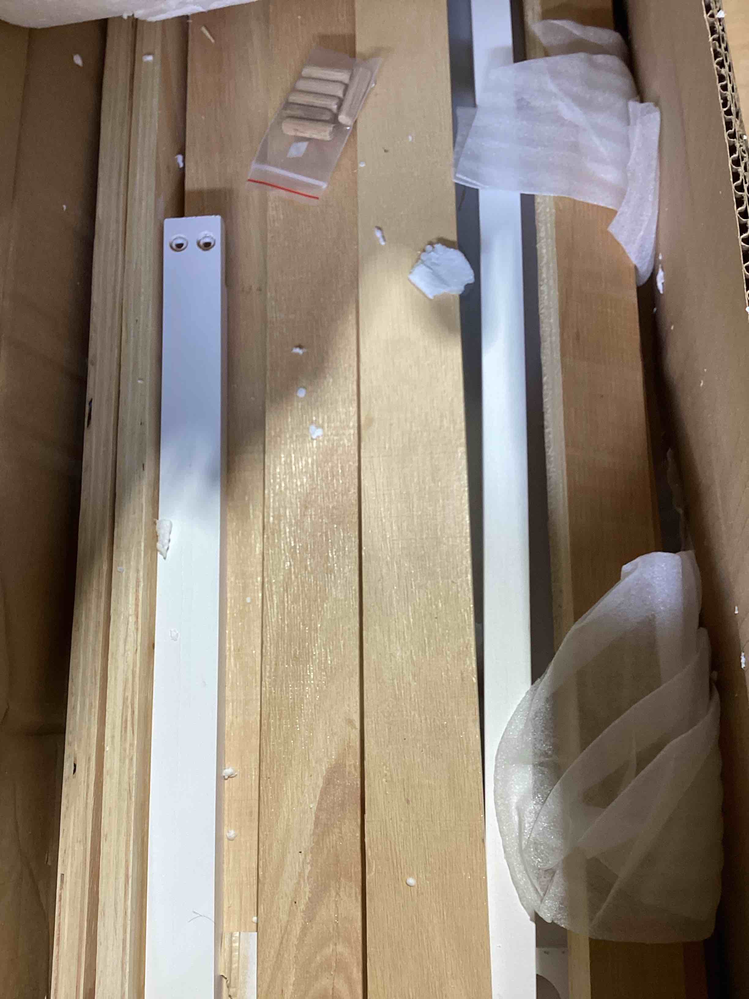 Condition photo showing As Is for sha cerlin 14 inch king metal platform bed frame with wooden headboard and footboard, no box spring needed, large under bed storage, heavy duty slats support, white, incomplete