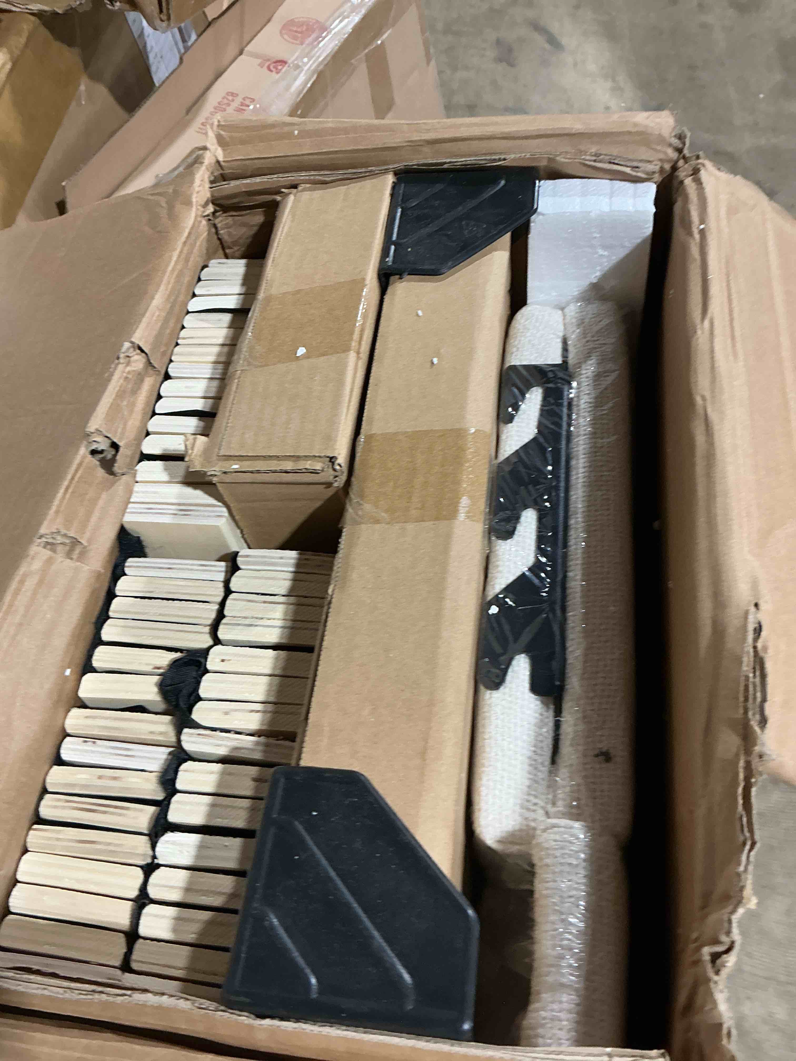 Condition photo showing Good Condition for king size wood bed frame with built-in nightstands, linen platform bed frame with 2 drawers, natural wood grain & luxury upholstered storage headboard, no box spring needed, easy assembly, cream incomplete ( only one box 3/3 )