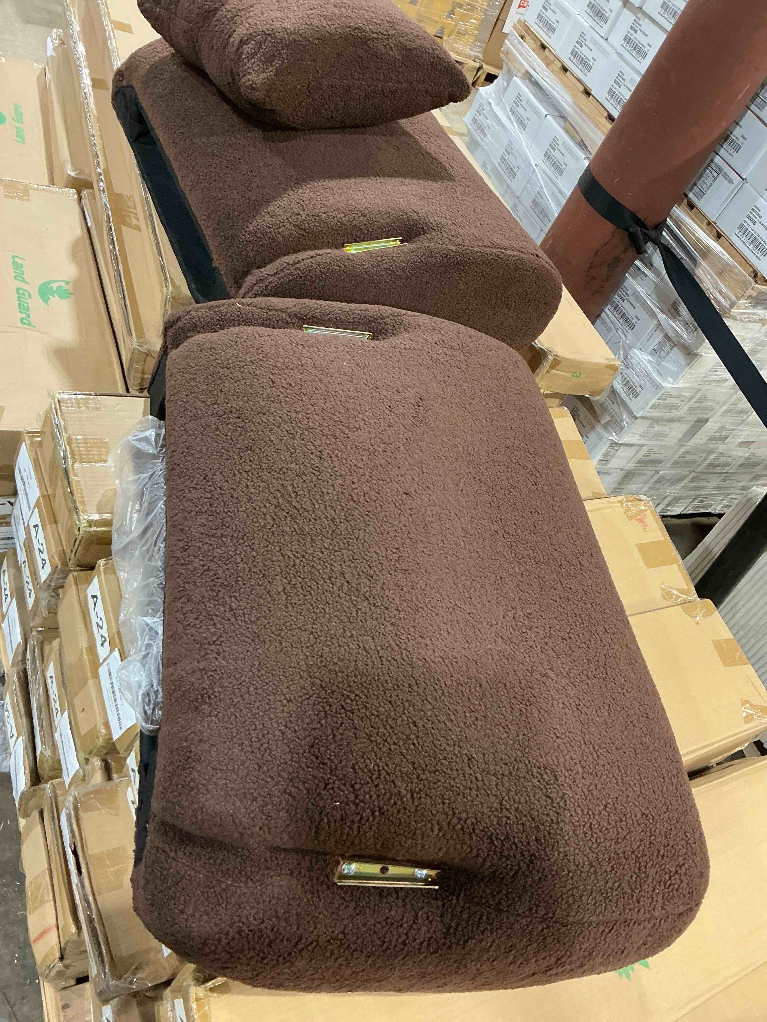 Condition photo showing Good Condition for 87" boucle couch with solid wood legs,brown. (sofa arms and cushions only)