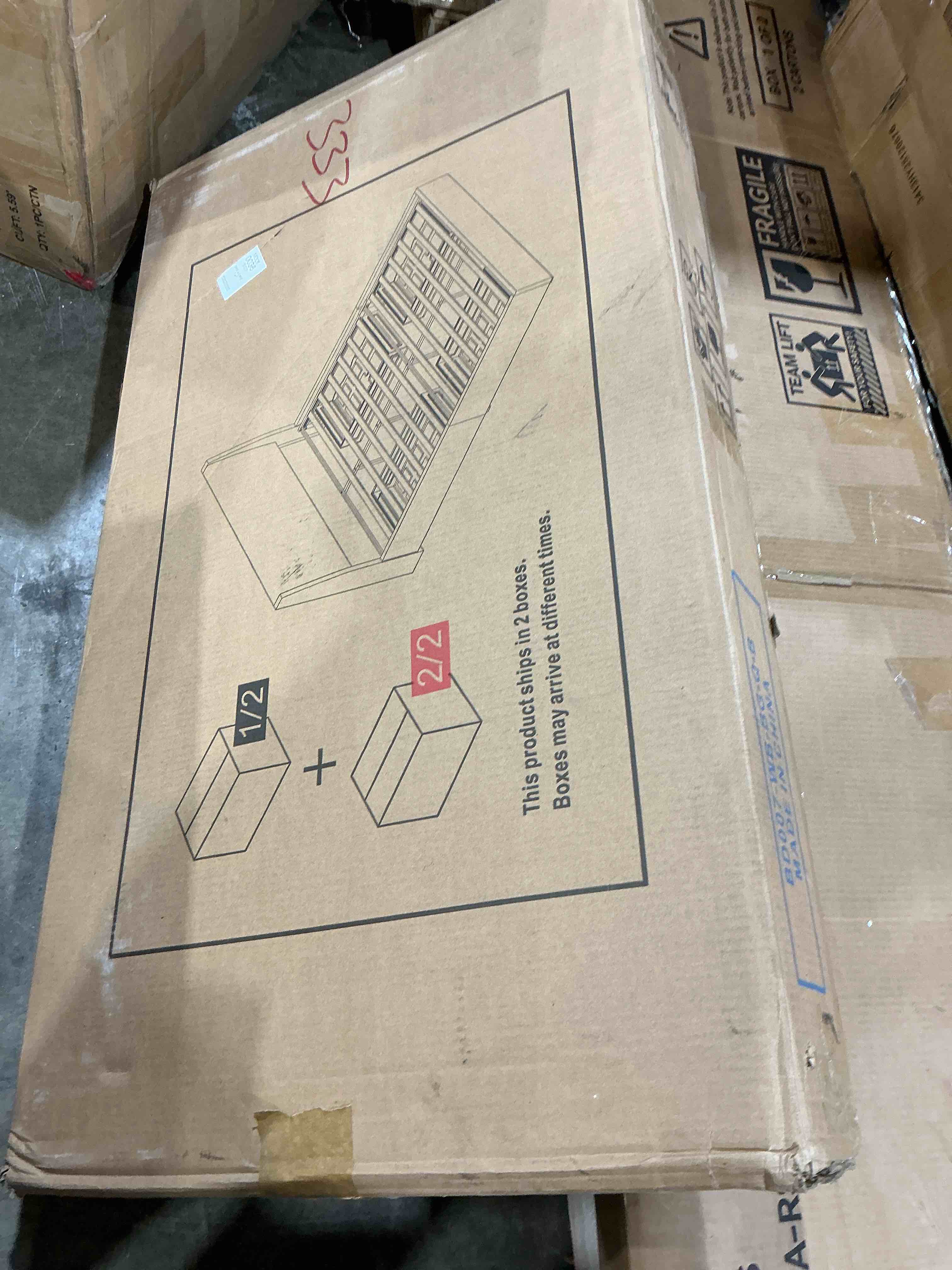 Condition photo showing As Is for recci queen upholstered wingback bed frame, 52” tall cushioned headboard, soft edges, low profile platform bed, sturdy wood slats, no box spring needed, ivory white canvas incomplete —only the bed base drawers only