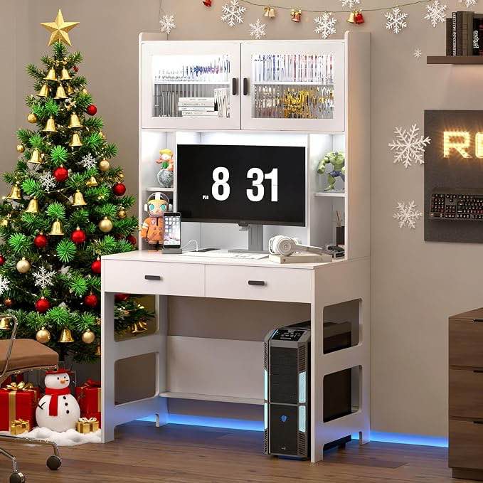 LVSOMT Home Office Desk with Hutch, Modern Computer Gaming Desk with LED Lights & Power Outlets, Study Writing Laptop Table with Storage Shelf for Bedroom, White