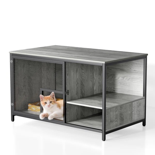 Large Litter Box Enclosure Cat Wooden Storage Cabinet color grey