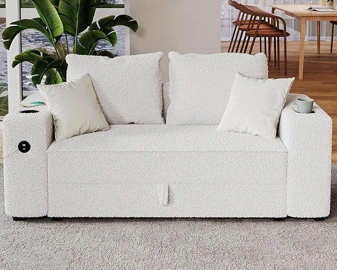 Condition photo showing Good Condition for ( similar to the stock photo )balus pull out sofa bed, 2-in-1 convertible sleeper sofa with memory foam mattress, full size sleeper couch with cup holders and usb ports for apartment small space-beige