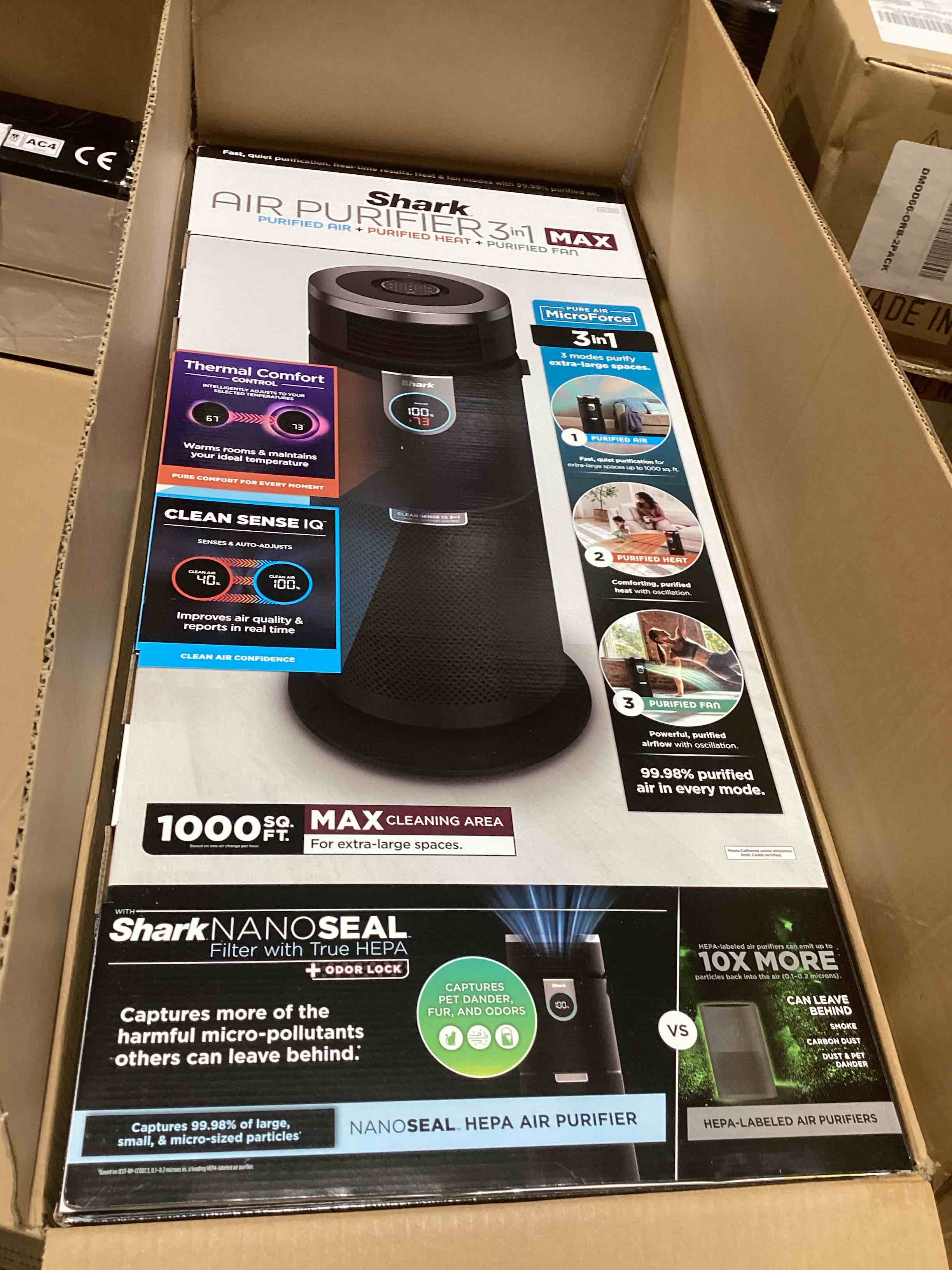 Condition photo showing New/Like New for shark - 3-in-1 max air purifier, heater & fan with nanoseal hepa, cleansense iq, odor lock, for 1000 sq. ft - charcoal grey