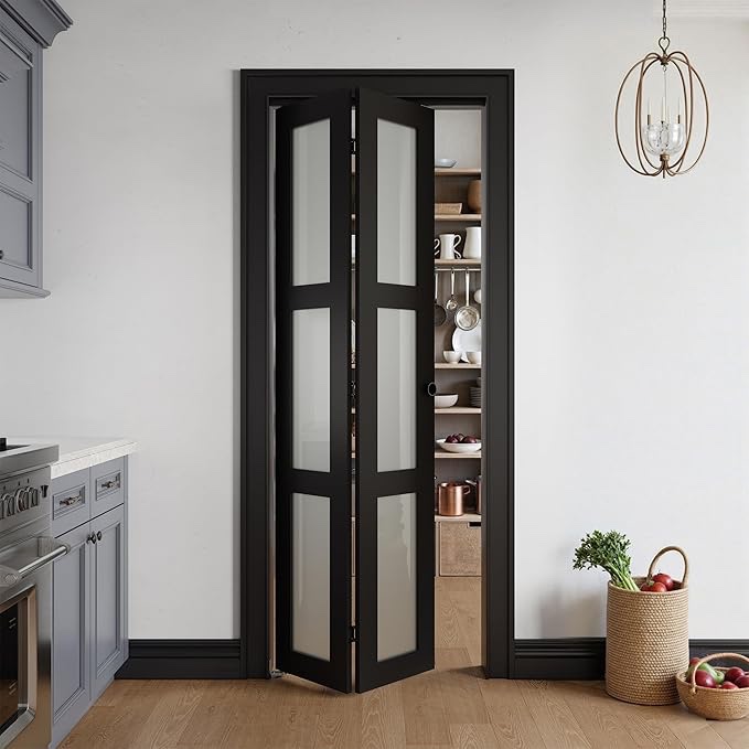 bifold doors for 15 inch opening,tempered frosted glass,black | closet folding doors with hardware kit included, easy assembly for pantry closet,water-proof pvc surface
