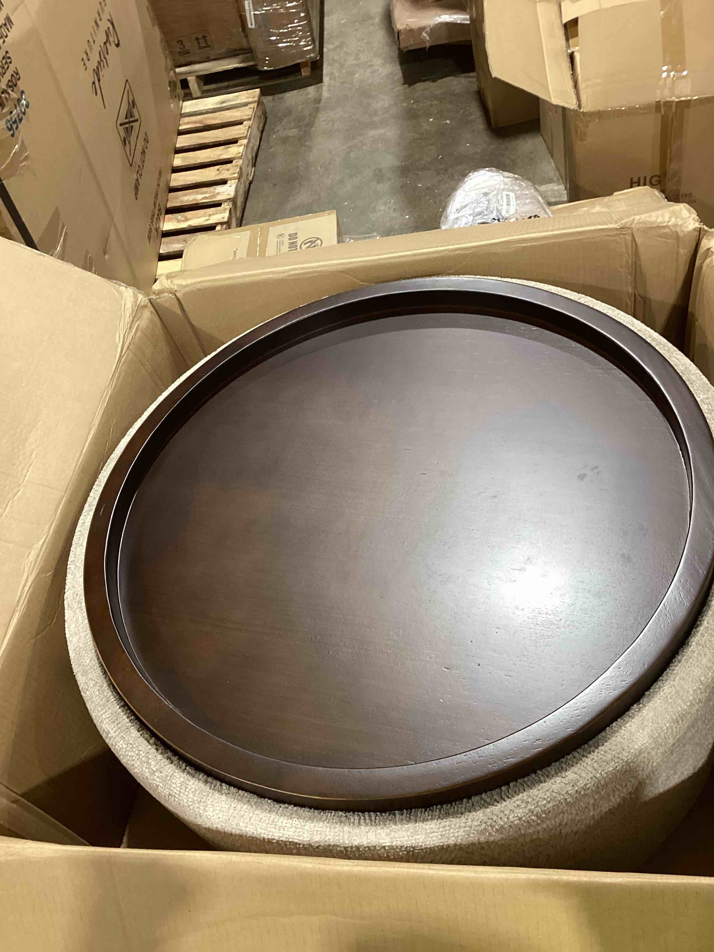 Condition photo showing Good Condition for 30 inch round storage ottoman coffee table, modern boucle ottoman with lift-off lid and solid wood legs for living room, bedroom, corners, apartments (beige)